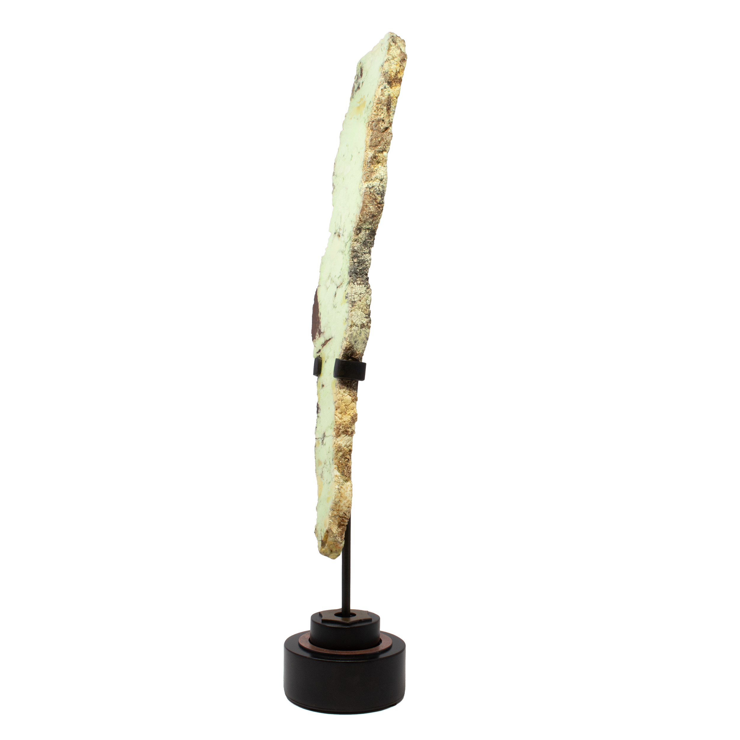 Pastel Green Chrysoprase Slice on Rotation Custom Stand - Elongated Freeform from Australia aka Citron Magnesite