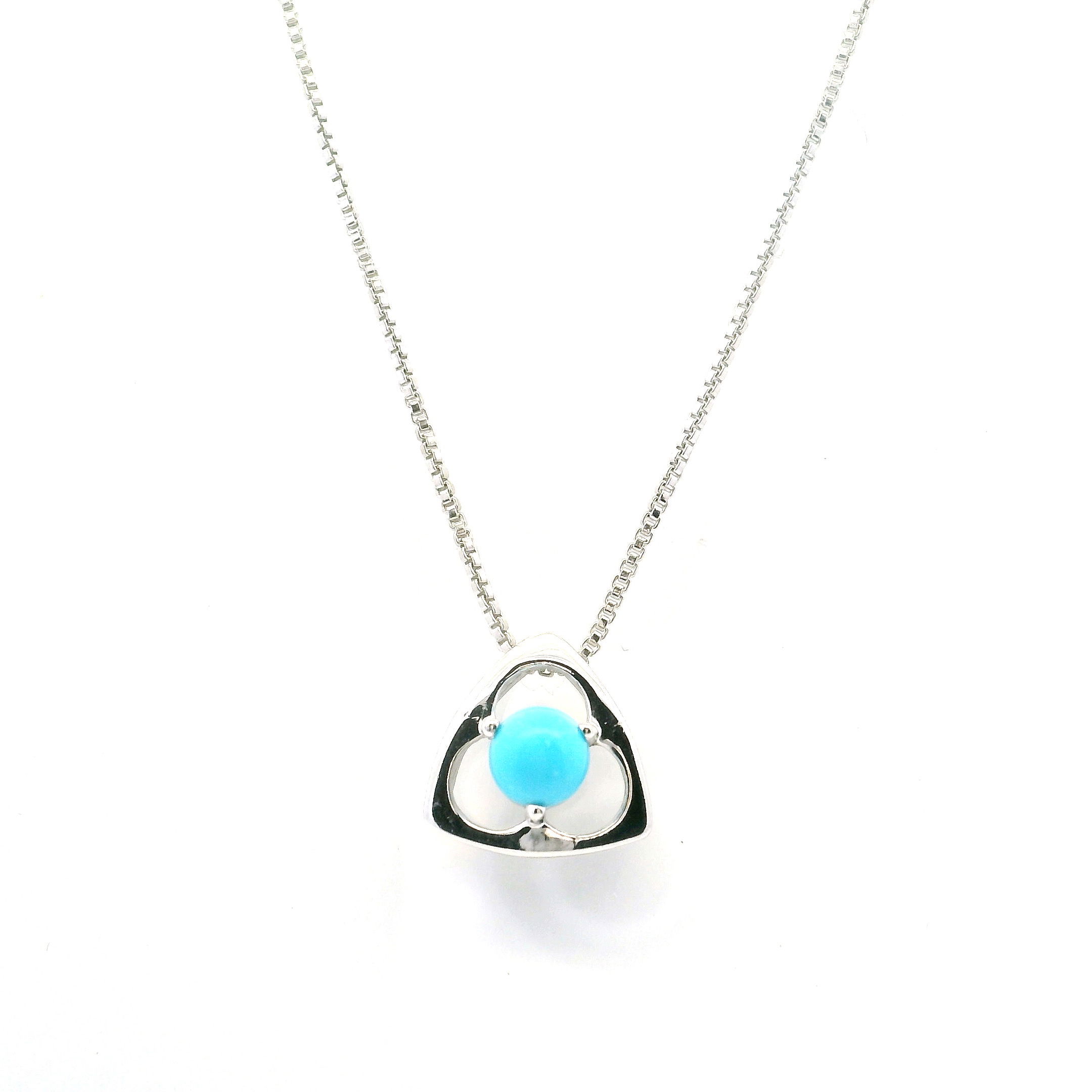 New Mexican Turquoise Necklace - Dainty Round Cabochon in Rounded Triangle Design Prong Set in 925 Sterling Silver with Chain