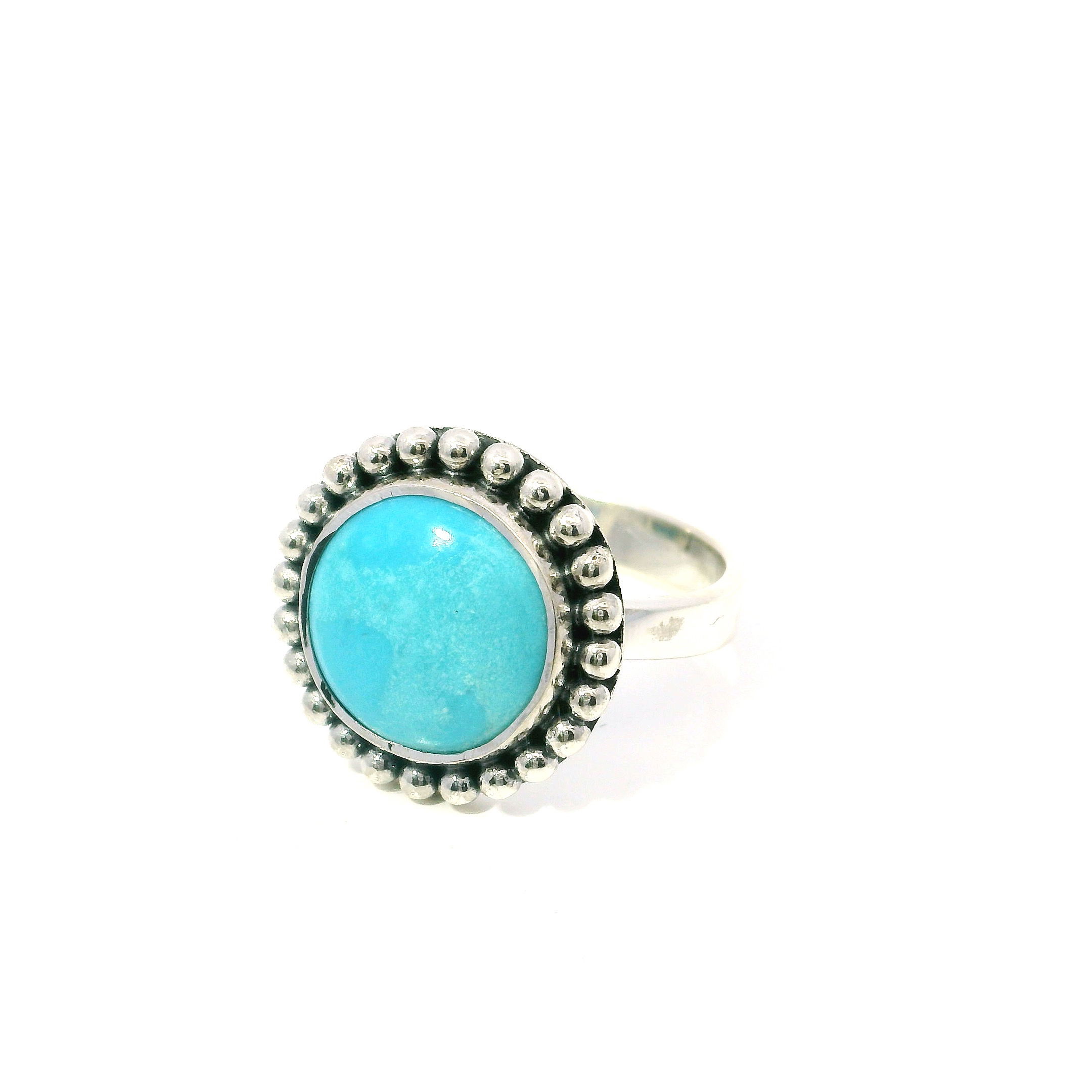 New Mexican Turquoise Ring - Round Cabochon with Tan Inclusions Bezel Set with Beaded Edge in 925 Sterling Silver sz8