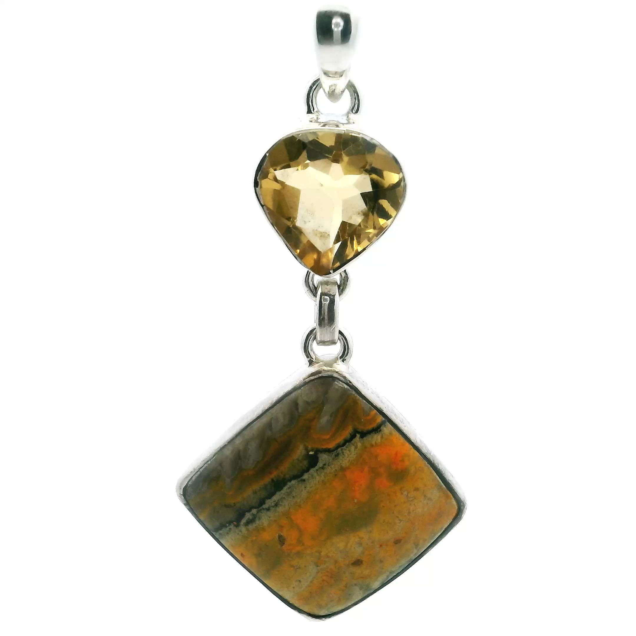Featuring a bold square Bumblebee Jasper cabochon with vivid swirls of yellow, orange, and black, this pendant is accented by a faceted citrine bezel-set above for added sparkle and warmth. Set in polished 925 sterling silver, it’s a striking blend of natural energy and refined craftsmanship.Perfect for both everyday wear and special occasions, this pendant brings color, character, and a unique connection to nature into any jewelry collection. A radiant, one-of-a-kind piece that celebrates bold beauty and timeless style. Bumblebee Jasper Pendant - Square Cabochon Below Faceted Citrine Bezel Set in 925 Sterling Silver