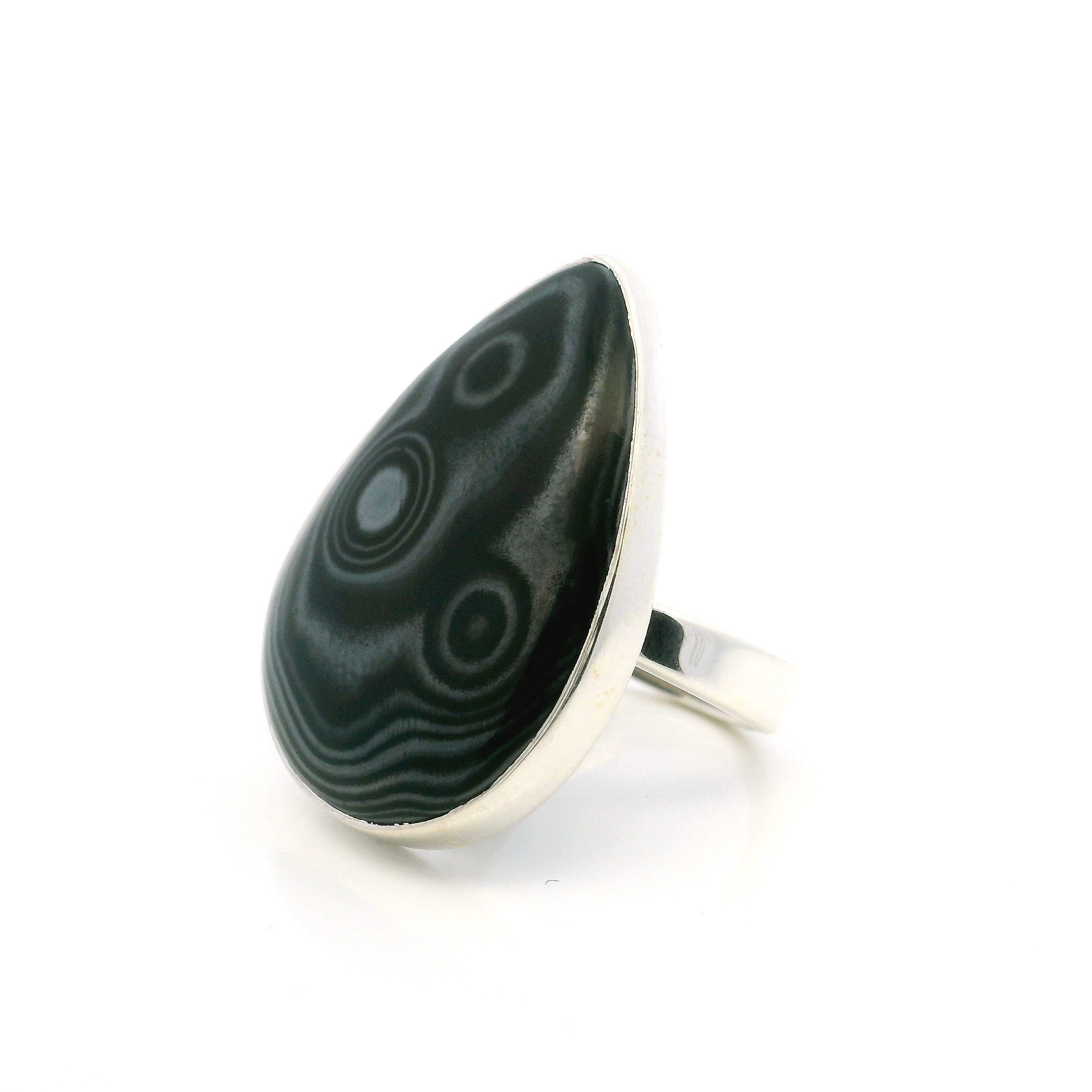 Psilomelane Ring - Teardrop Cabochon with Triple Bulls-Eye Bezel Set in 925 Sterling Silver szAdj