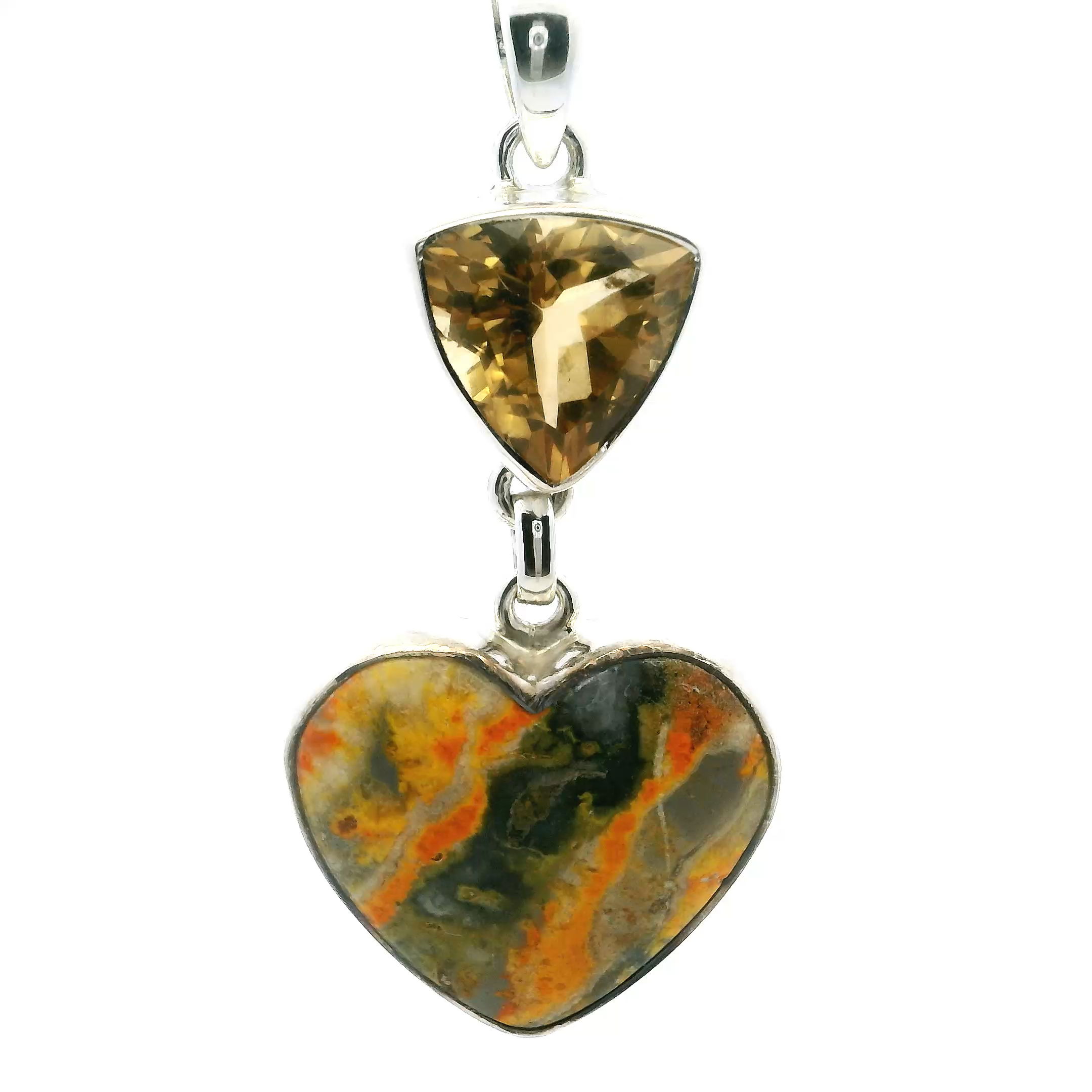 This vibrant pendant features a heart-shaped Bumblebee Jasper cabochon with bold swirls of yellow, orange, and gray, paired with a sparkling faceted citrine trillion above. Set in polished 925 sterling silver, it balances earthy tones with radiant light for a truly eye-catching piece.Elegant yet energetic, it’s perfect for adding a pop of color to any outfit—ideal as a meaningful gift or a standout addition to your own collection. A celebration of natural beauty and refined design. Bumblebee Jasper Pendant - Heart Cabochon Below Faceted Citrine Trillion Bezel Set in 925 Sterling Silver