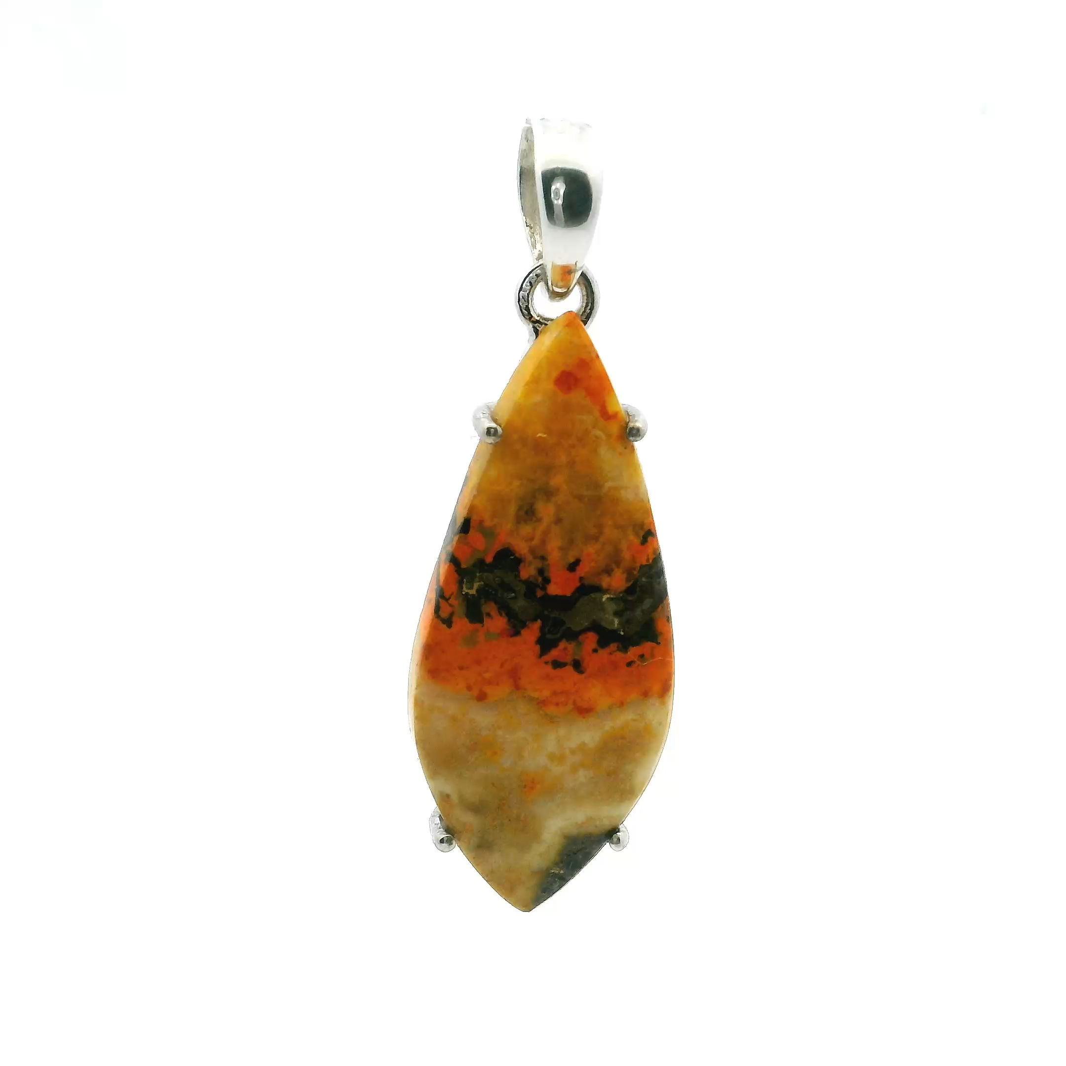 Featuring a bold inverted kite-shaped cabochon, this Bumblebee Jasper pendant showcases vibrant swirls of yellow, orange, and gray with a striking horizontal flame pattern. Prong-set in polished 925 sterling silver, it highlights the stone’s natural energy and unique geometry.A statement piece with modern edge, it’s perfect for adding color and character to any look—ideal for those who appreciate distinctive design and nature’s bold beauty. Bumblebee Jasper Pendant - Inverted Kite Cabochon with Horizontal Orange Flame Prong Set in 925 Sterling Silver