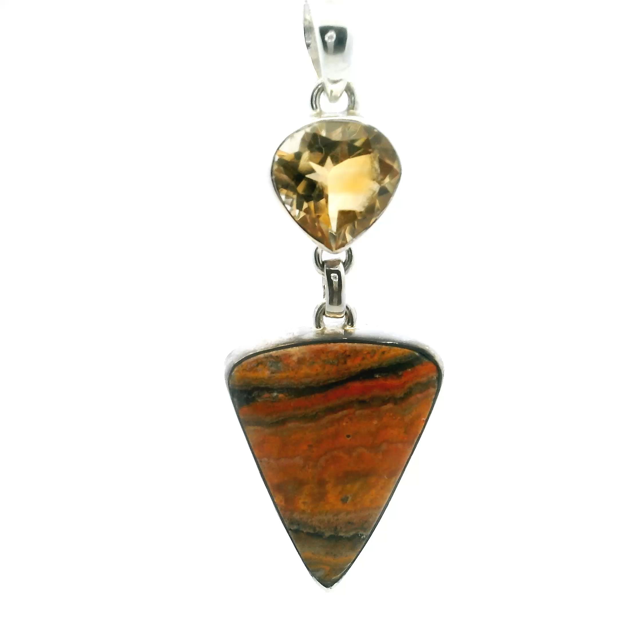 This striking pendant features an inverted triangle Bumblebee Jasper cabochon with vivid swirls of yellow, gray, and black, paired with a bezel-set round faceted citrine above. Set in polished 925 sterling silver, it blends natural vibrancy with refined elegance.Bold yet balanced, this pendant adds radiant color and unique charm to any look—perfect as a standout accessory or a meaningful gift inspired by nature’s artistry. Bumblebee Jasper Pendant - Inverted Triangle Cabochon Below Faceted Citrine Round Bezel Set in 925 Sterling Silver