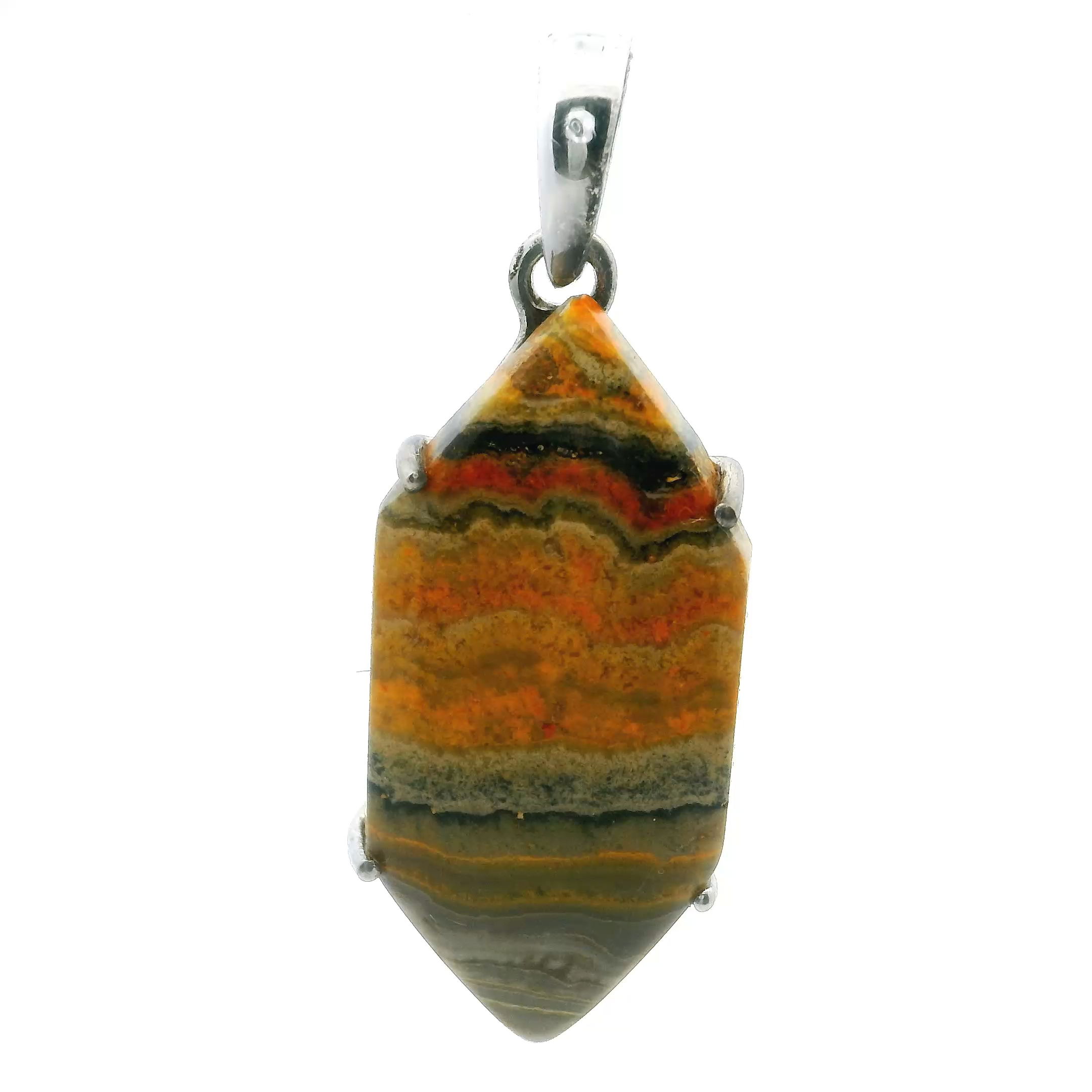 Featuring a sleek hexagon-shaped cabochon, this Bumblebee Jasper pendant displays striking gray and yellow horizontal banding—reminiscent of a tranquil sunrise. Prong-set in polished 925 sterling silver, it balances bold natural color with refined elegance.A standout accessory for everyday wear or special occasions, this pendant is perfect for those who appreciate distinctive stones and artisan detail. A vibrant expression of individuality and style. Bumblebee Jasper Pendant - Long Hexagon Cabochon with Gray & Yellow Horizontal Banding Prong Set in 925 Sterling Silver