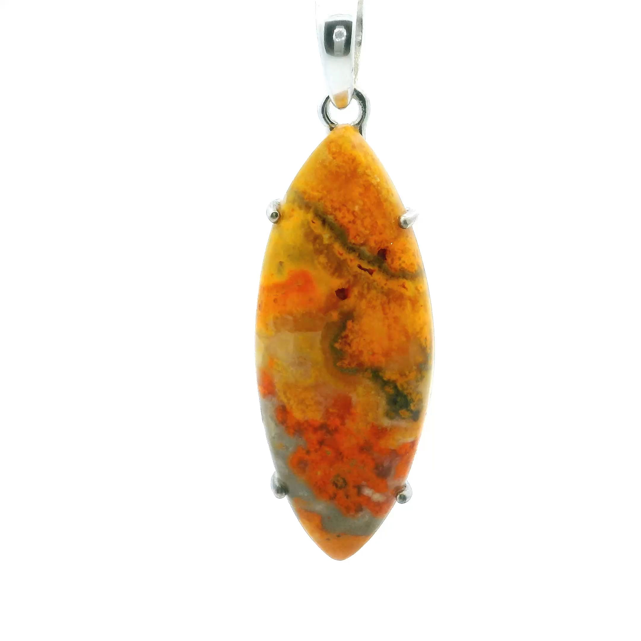 This bold pendant features a sharp oval Bumblebee Jasper cabochon with a vivid orange base fading into softer gray and yellow layers—creating a dramatic, natural gradient. Prong-set in polished 925 sterling silver, it pairs striking color with timeless elegance.Perfect for everyday flair or special occasions, this piece is ideal for anyone who loves distinctive, nature-inspired jewelry with vibrant energy and refined craftsmanship. Bumblebee Jasper Pendant - Long Sharp Oval Cabochon with Bright Orange Bottom Half Prong Set in 925 Sterling Silver