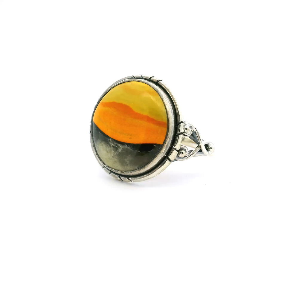 Shot of Bumblebee Jasper Ring - Round Tri-color Cabochon with Double Band & Side Wishbone Accents Bezel Set in 925 Sterling Silver sz10