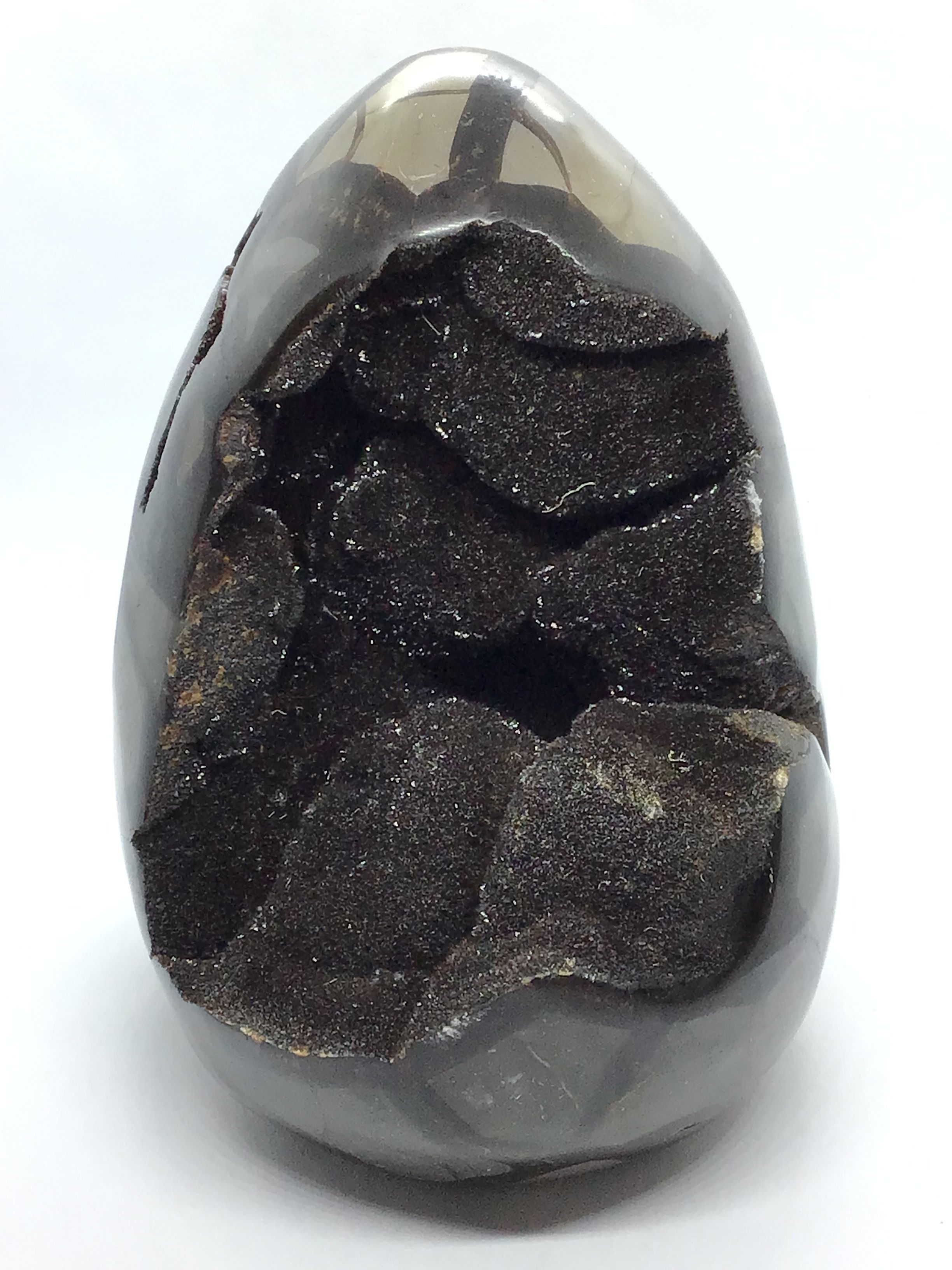 This Septarian Geode Egg, sourced from Madagascar, features warm earthy tones, bold geometric patterns, and sparkling druze crystal accents. Its calcite, aragonite, and limestone composition creates rich textures that reveal Earth’s ancient artistry.With a cut base for stable display, this piece is perfect for collectors or as a striking decor accent. Symbolizing strength and layered beauty, it makes a thoughtful gift for anyone drawn to the raw elegance of natural formations. Septarian Druze Geode Freeform Egg with Cut Base from Madagascar