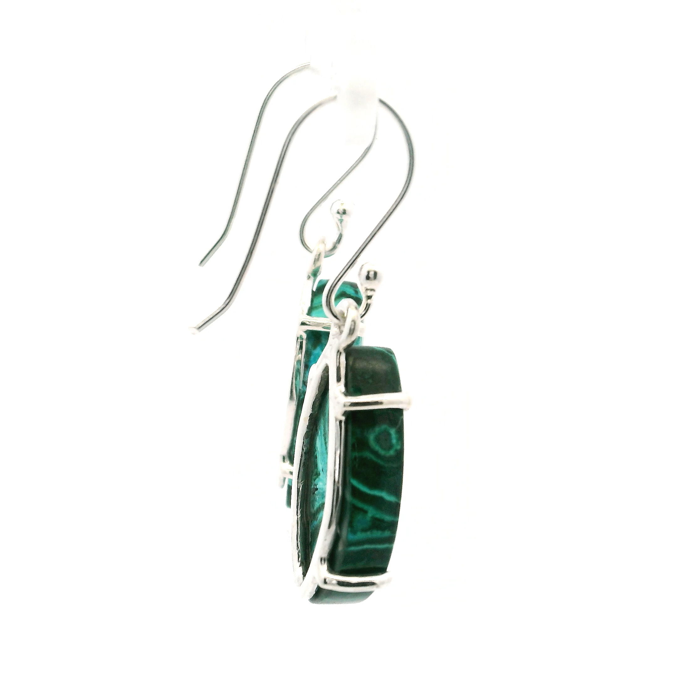 Chrysocolla Malachite Dangle Earrings - S-Shaped Cabochon with Curved Blue & Green Banding Prong Set in 925 Sterling Silver Chrysocolla Malachite Dangle Earrings - S-Shaped Cabochon with Curved Blue & Green Banding Prong Set in 925 Sterling Silver