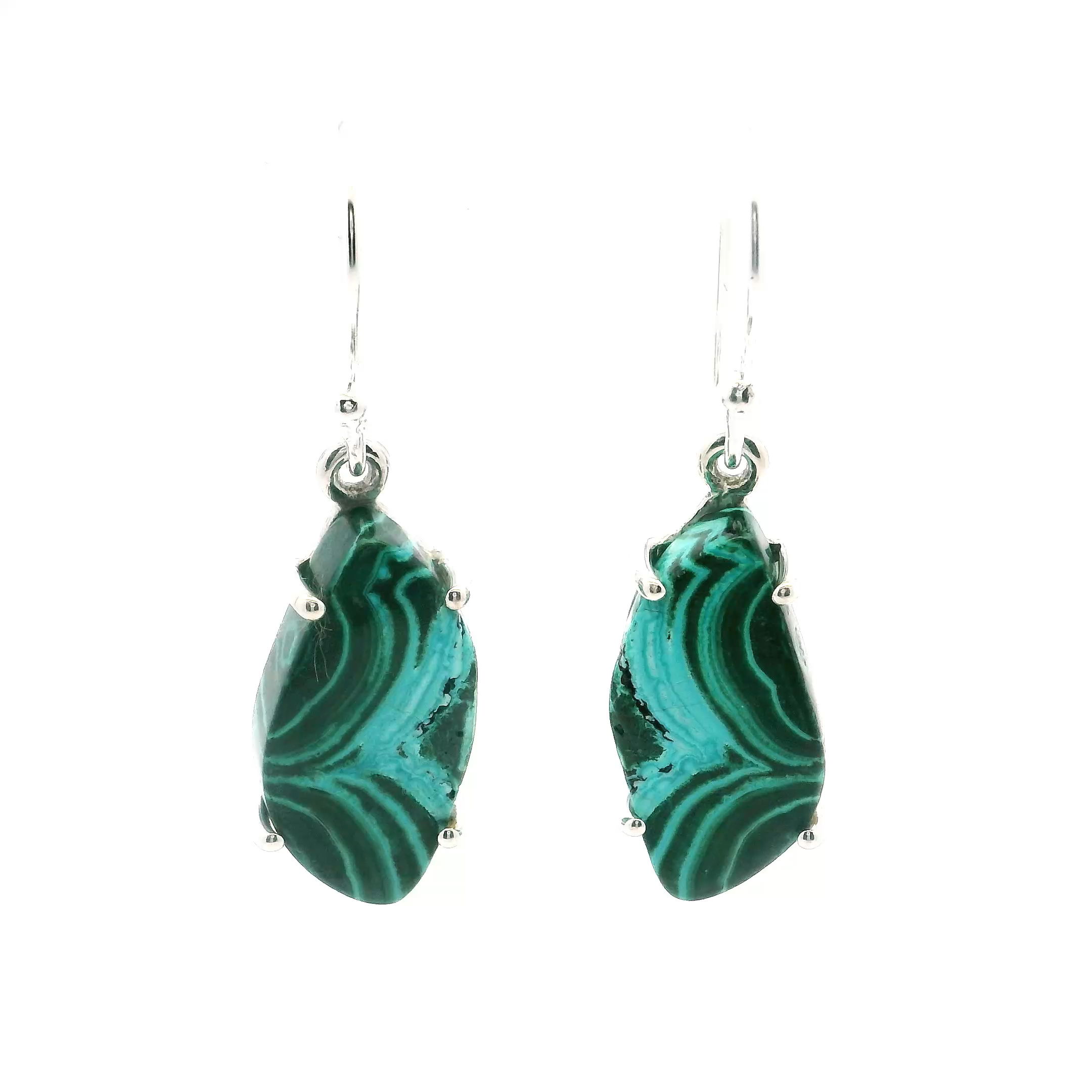 Chrysocolla Malachite Dangle Earrings - S-Shaped Cabochon with Curved Blue & Green Banding Prong Set in 925 Sterling Silver Chrysocolla Malachite Dangle Earrings - S-Shaped Cabochon with Curved Blue & Green Banding Prong Set in 925 Sterling Silver