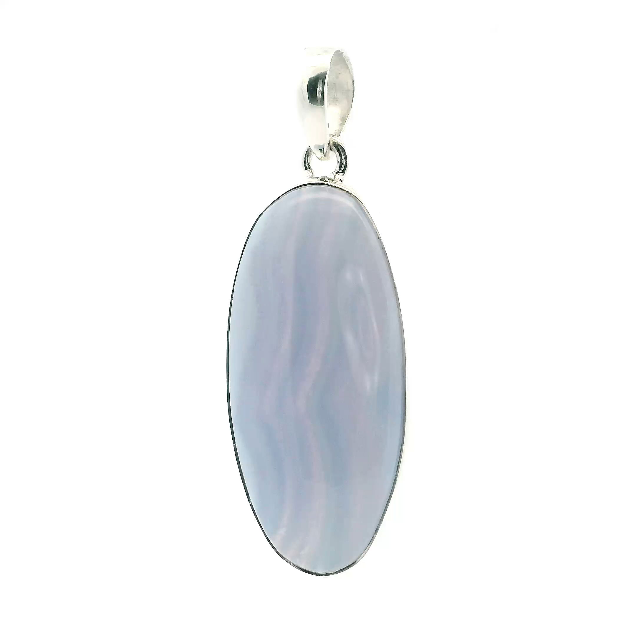 Discover the serene beauty of our Blue Lace Agate Pendant, featuring an oval cabochon bezel-set in luminous 925 sterling silver. This captivating gemstone showcases soft sky-blue hues accentuated by striking vertical dark banding, creating a gentle yet visually intriguing design that feels both calming and refined.The polished silver bezel offers a secure, elegant frame that enhances the stone’s natural allure, making it a versatile piece suited for both everyday wear and special occasions. Whether worn alone or layered, this pendant brings a tranquil sophistication to any look—a meaningful addition to your collection or a thoughtful gift imbued with clarity and grace. Blue Lace Agate Pendant - Oval Cabochon with Vertical Dark Banding Bezel Set in 925 Sterling Silver