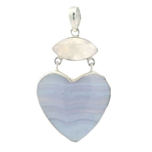 Blue Lace Agate and Rainbow Moonstone Pendant in Sterling Silver, featuring a heart-shaped cabochon with delicate vertical banding and a bezel-set oval “eyeball” moonstone. The soft blue tones of the agate offer a calming, ethereal aesthetic, while the rainbow moonstone adds a luminous, mystical touch. Set in high-quality 925 sterling silver, this gemstone pendant necklace blends natural beauty with elegant design.Ideal for those seeking healing crystal jewelry, heart-shaped gemstone pendants, or moonstone and agate jewelry gifts for women. Whether worn as a daily talisman or a statement piece, this sterling silver pendant offers a refined yet spiritual addition to any crystal lover’s or boho jewelry collection. Blue Lace Agate Pendant - Heart Cabochon with Narrow Vertical Banding below Eyeball Rainbow Moonstone Cabochon Bezel Set in 925 Sterling Silver