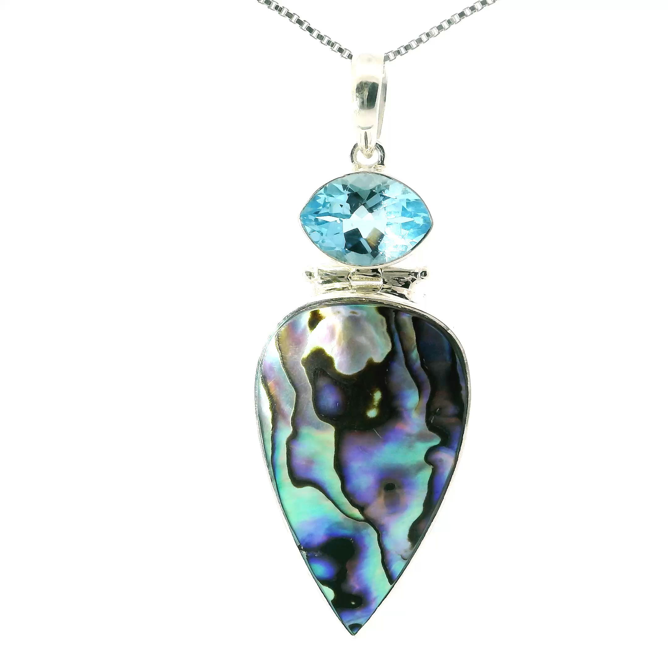 Abalone Shell Pendant - Reverse Pear Cabochon Below Faceted Blue Topaz Eyeball Bezel Set in 925 Sterling Silver with Chain