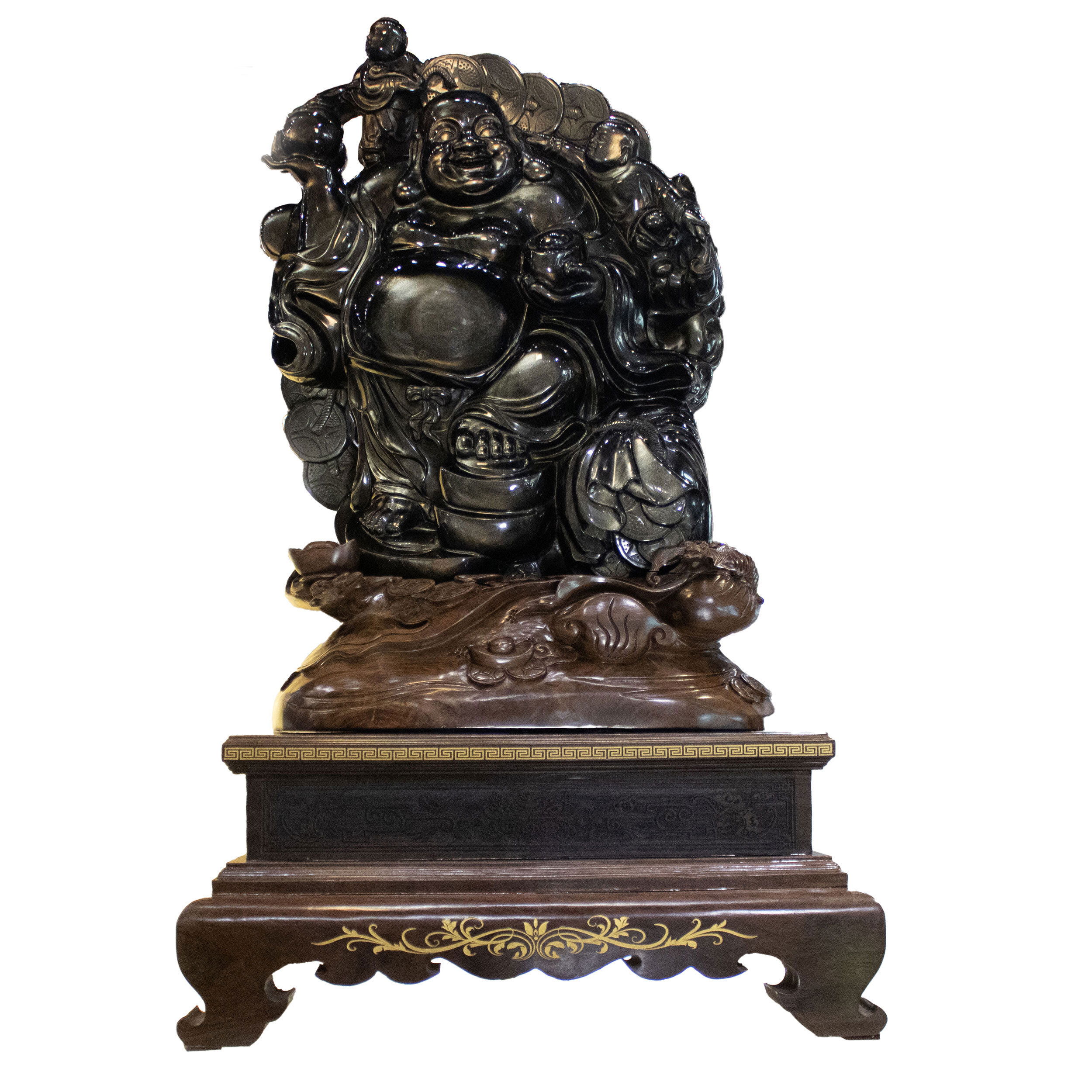 A++ Gold Sheen Obsidian Happy Buddha Sculpture with Carved Wooden Base