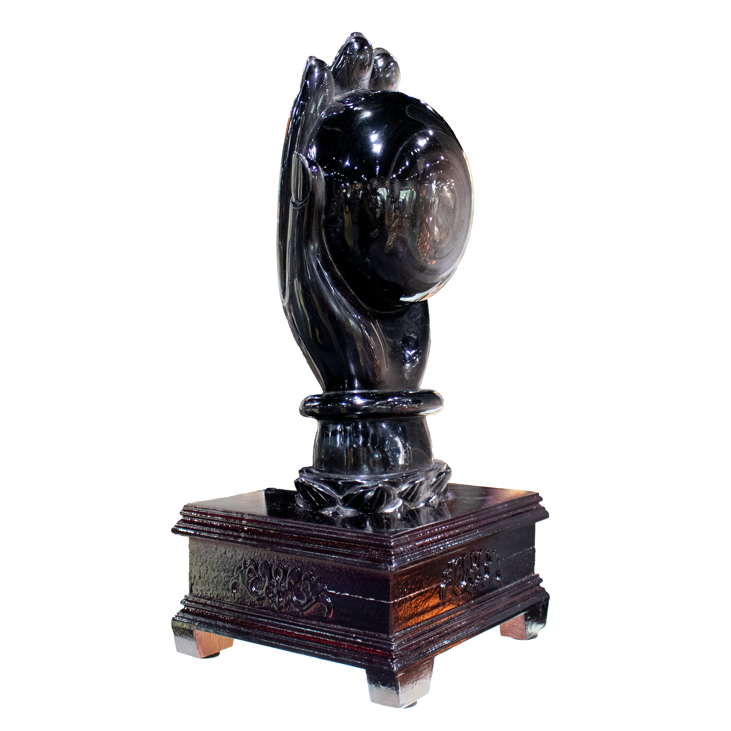 Silver Sheen Obsidian Huge Ball in Buddha's Hand with Wooden Stand