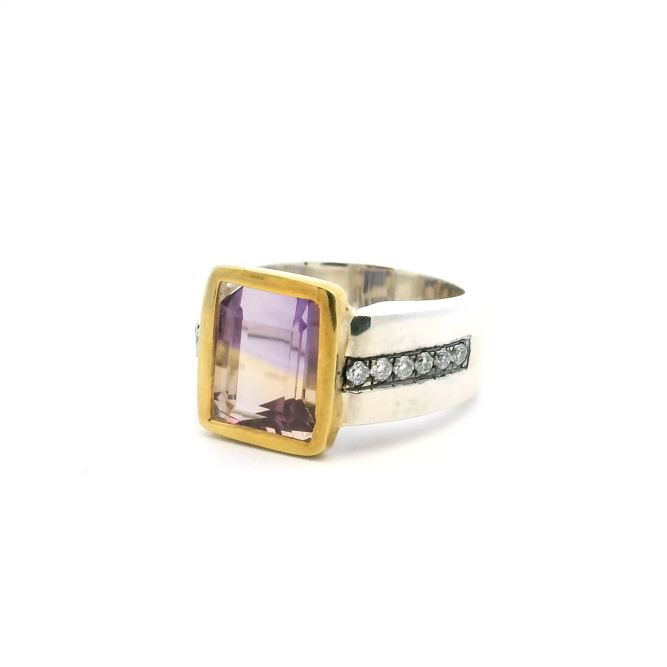 Ametrine Ring - Faceted Square with Diamonds Down Both Sides of Band Bezel Set Flush in 925 Sterling Silver with Gold Accent sz9