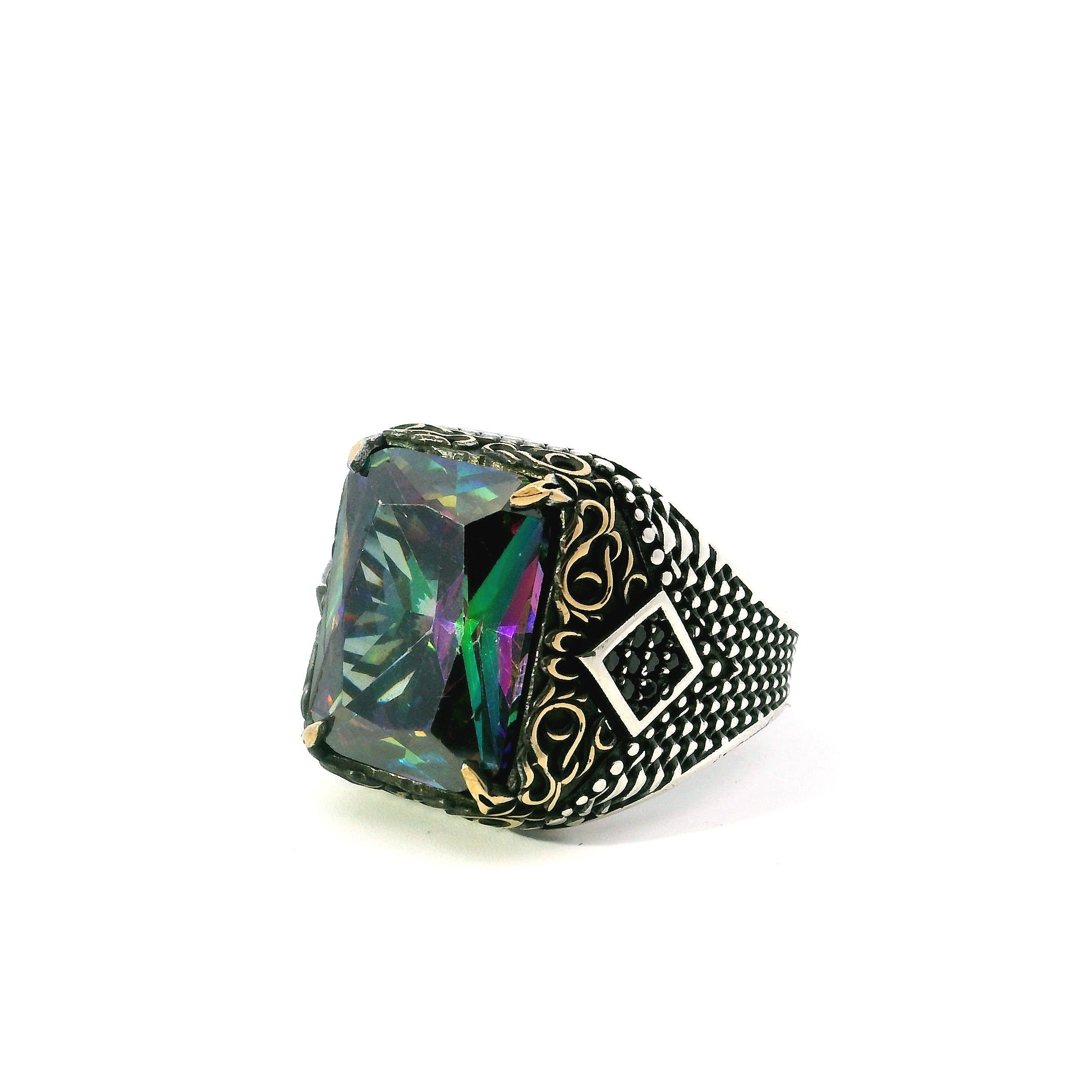 Mystic Topaz Ring - Faceted Rectangle Prong Set in 925 Sterling Silver with Gold Vermeil and Beaded Accents on Band sz11