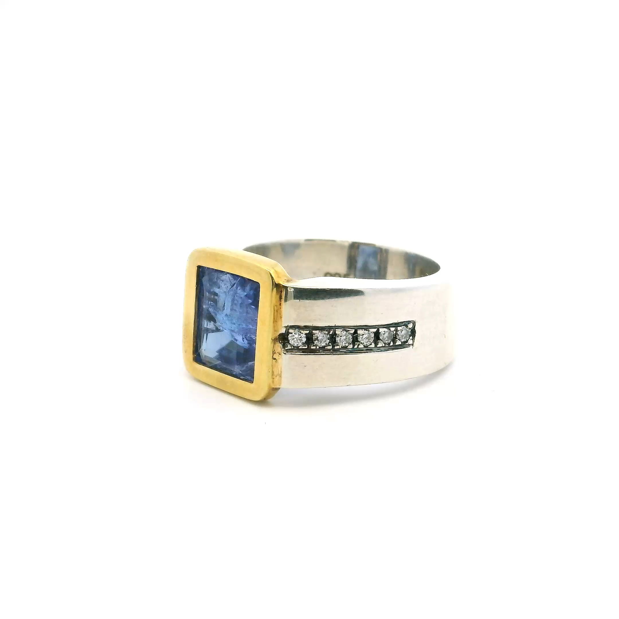 Sapphire Ring - Faceted Square with Diamonds Down Both Sides of Band Bezel Set Flush in 925 Sterling Silver with Gold Accent sz9