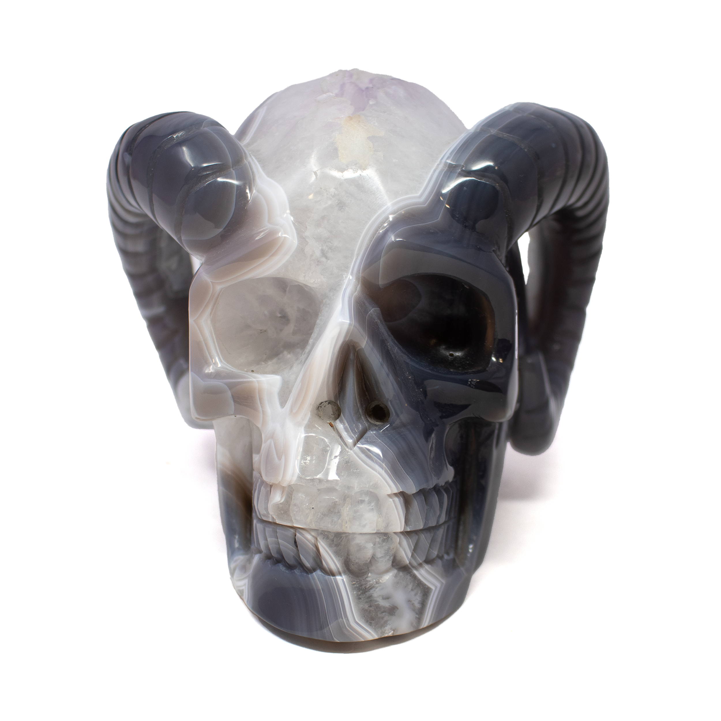 Discover a mesmerizing fusion of natural elegance and mystical artistry with our Agate Druze Geode Skull Carving with Horns. Hand-carved from authentic agate, this extraordinary sculpture showcases a luminous druze crystal cavity framed by sweeping horned contours—evoking primal strength and celestial wonder in a single form. The rich banding and translucent depths of the agate enhance its visual complexity, while the horned design adds an edgy, mythic presence.A compelling addition to any crystal skull collection or metaphysical display, this one-of-a-kind piece brings grounding energy, protection, and transformation into your space. Whether placed on an altar, bookshelf, or in a curated cabinet of curiosities, it’s a bold embodiment of the extraordinary forces that shape both earth and spirit. Agate Druze Geode Skull Carving with Horns