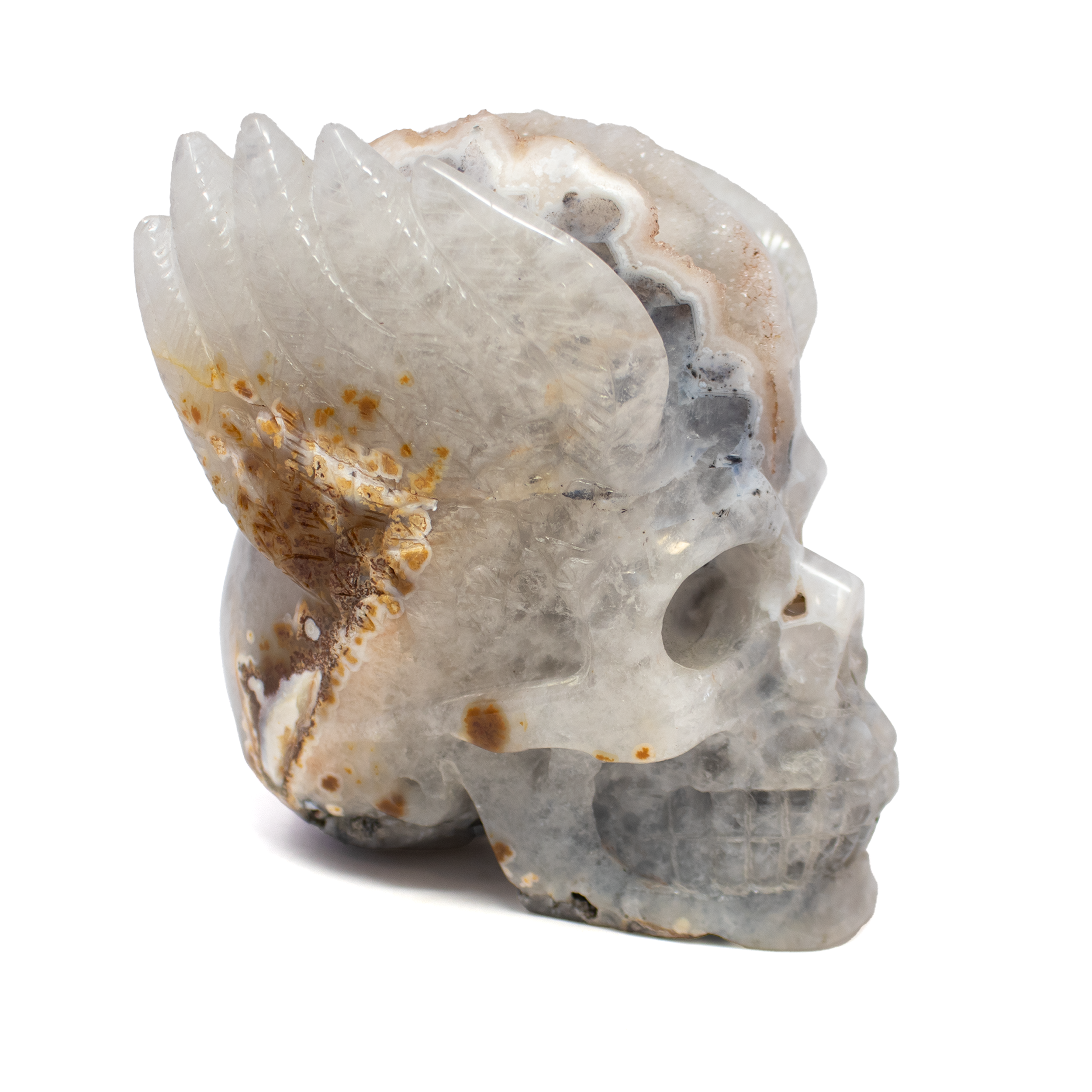 A+ Agate Geode Druze Skull Carving with Wings