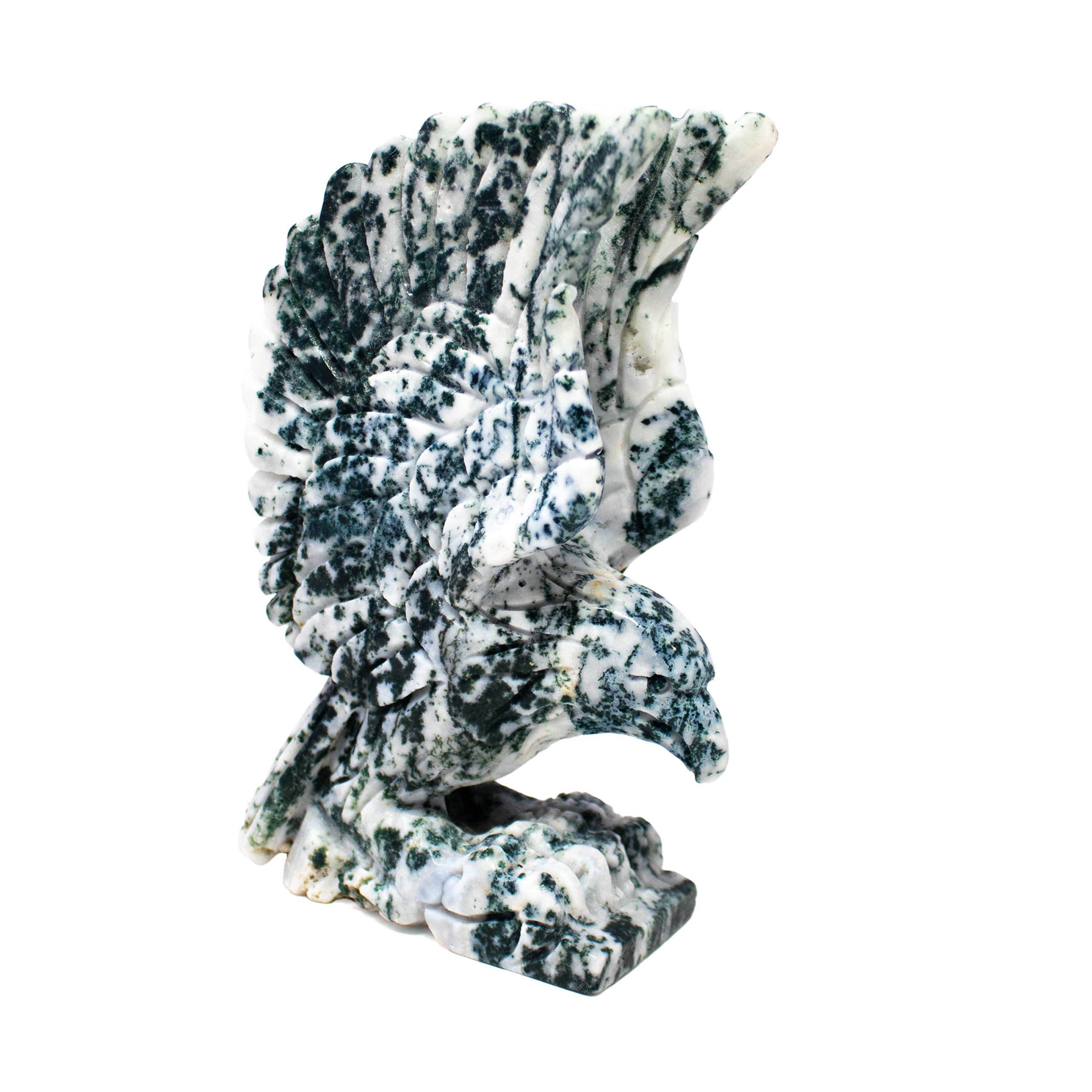 Discover the captivating beauty of our Moss Agate Eagle Carving—a striking fusion of natural elegance and symbolic power. Expertly hand-carved from premium moss agate, each sculpture features lush green inclusions and earthy patterns reminiscent of mist-laced forests. The eagle’s poised wings and fierce gaze embody vision, strength, and freedom, making it a meaningful addition to any crystal or art collection.Ideal as a centerpiece, desk display, or thoughtful gift for nature enthusiasts and gemstone collectors, this carving radiates grounded energy and timeless artistry. Let the serene spirit of the wild take flight in your space with this one-of-a-kind masterpiece. Moss Agate Eagle Carving