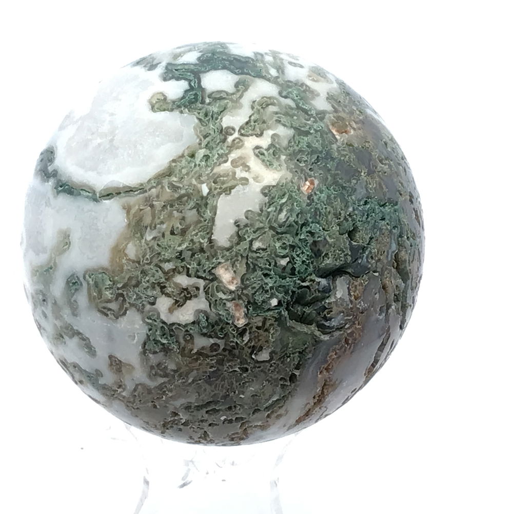 Shot of Moss Agate Sphere with Lucite Stand