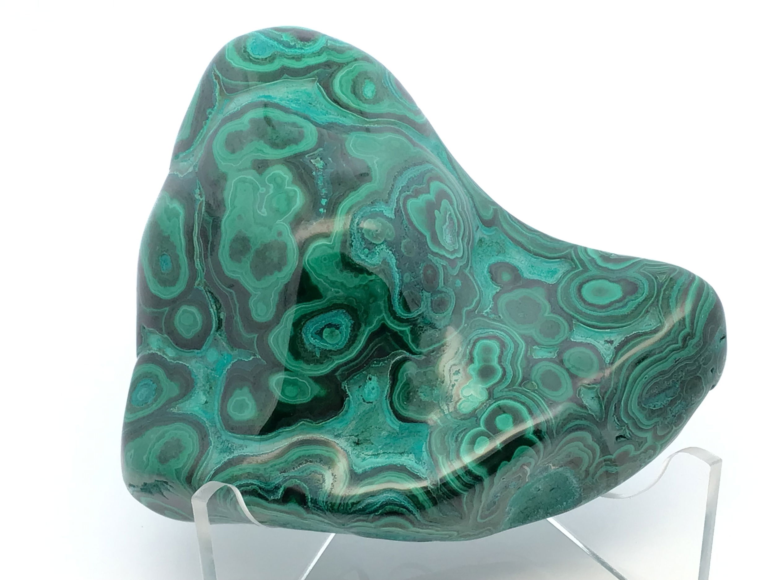 Elevate your space with this exquisite Chrysocolla Malachite Polished Freeform from Congo, presented on a sleek Lucite stand for a refined display. This stunning specimen reveals vibrant teals and greens of chrysocolla beautifully woven with lush malachite swirls, creating a captivating natural pattern that reflects the earth’s artistry.Each hand-selected, tumbled stone radiates both calming energy and vivid color, making it a striking centerpiece for any crystal or mineral collection. Perfect for grounding, meditation, or simply as a visual treasure, this piece brings serene beauty and sophistication to your home, office, or sacred space. Chrysocolla Malachite Polished Freeform from Congo with Lucite Stand