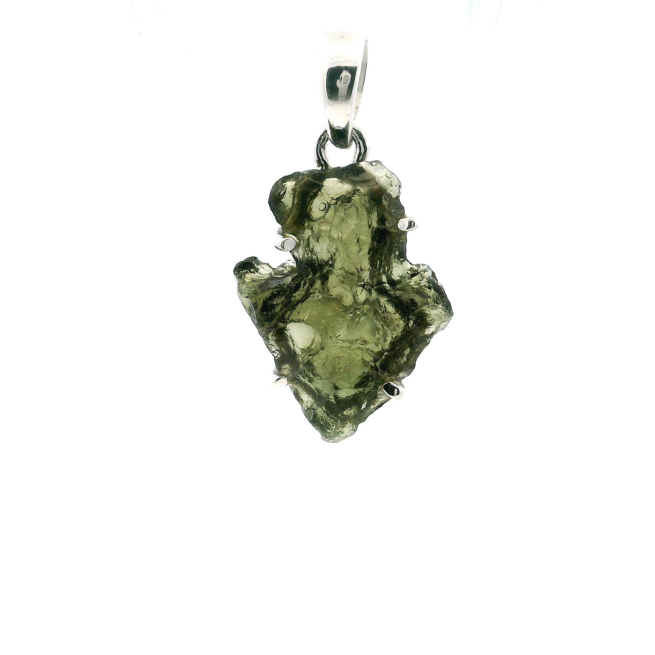 Capture a piece of cosmic history with this striking Moldavite Pendant, featuring a raw, freeform arrowhead cut set securely in lustrous 925 sterling silver prongs. The intense green hues and rugged textures of the genuine Moldavite offer a bold yet organic aesthetic, each piece a one-of-a-kind remnant of a 15-million-year-old meteorite impact.Expertly crafted for those who appreciate rare gemstones and refined artistry, this pendant radiates celestial energy and timeless allure. Whether worn solo or layered, it’s a powerful statement of mystique—perfect for collectors, spiritual seekers, or anyone drawn to the extraordinary. Moldavite Pendant - Arrowhead Freeform Prong Set in 925 Sterling Silver