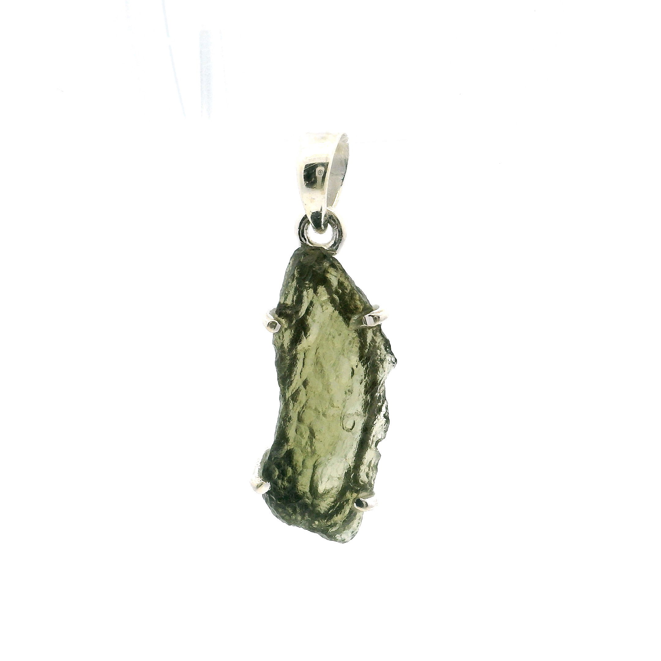 Elevate your style with this exquisite Moldavite Pendant, featuring a striking pointed rectangle freeform Moldavite gemstone, elegantly prong-set in lustrous 925 sterling silver. Each pendant highlights Moldavite’s vivid green tones and natural textures, offering a one-of-a-kind piece with celestial origins and raw allure.The minimalist setting ensures the stone takes center stage, combining secure craftsmanship with refined simplicity. Perfect for layering or wearing solo, this pendant brings rare beauty and cosmic energy to any ensemble—a timeless addition to any jewelry collection. Moldavite Pendant - Pointed Rectangle Freeform Prong Set in 925 Sterling Silver