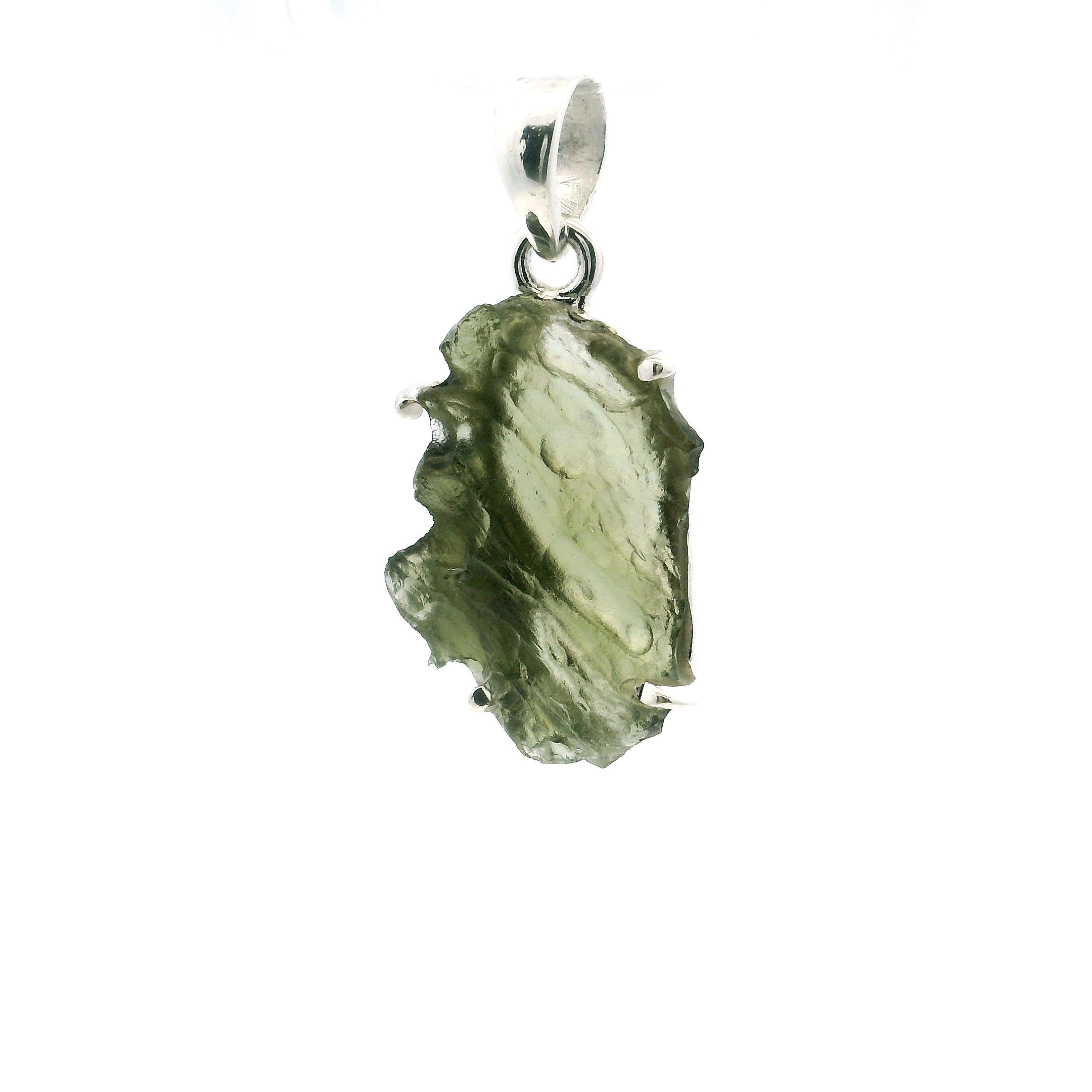 Elevate your jewelry collection with this exquisite Moldavite Pendant, featuring a striking rectangular freeform stone adorned with natural diagonal striations. Expertly prong set in lustrous 925 sterling silver, the pendant highlights the vivid green hue and otherworldly texture that make Moldavite so rare and mesmerizing.Sophisticated and timeless, this piece adds an elegant edge to any ensemble—ideal for women who value distinctive, meaningful jewelry. Whether worn alone as a statement or layered for a curated look, it reflects both the raw power of nature and the grace of fine craftsmanship. Moldavite Pendant - Rectangular Freeform with Diagonal Striations Prong Set in 925 Sterling Silver