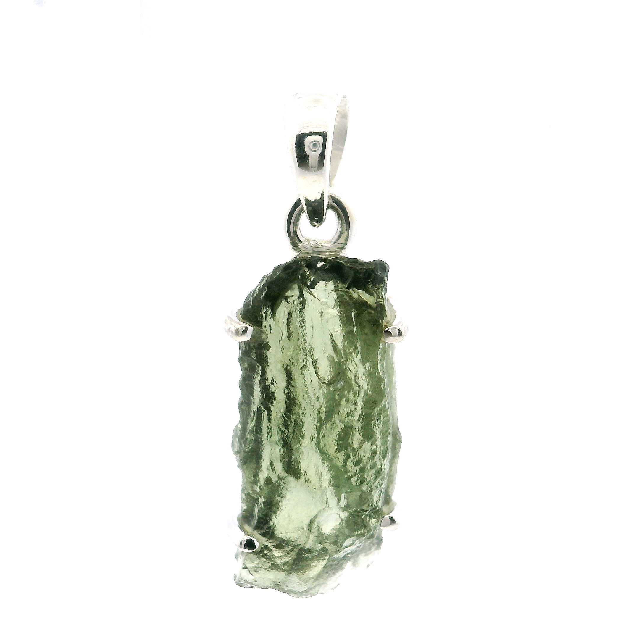 Elevate your style with this captivating Moldavite Pendant, featuring a rounded rectangle freeform gemstone expertly prong-set in luminous 925 sterling silver. Each pendant showcases the natural, ethereal green of genuine Moldavite—an otherworldly tektite prized for its unique energy and cosmic allure. The contemporary freeform design highlights the stone’s organic beauty, making every piece one-of-a-kind.Suspended from a sleek bail, this pendant is perfect for women who appreciate both sophistication and a hint of the extraordinary. Wear it solo for a striking statement or layer with other favorites to complete your jewelry collection. Moldavite Pendant - Rounded Rectangle Freeform Prong Set in 925 Sterling Silver