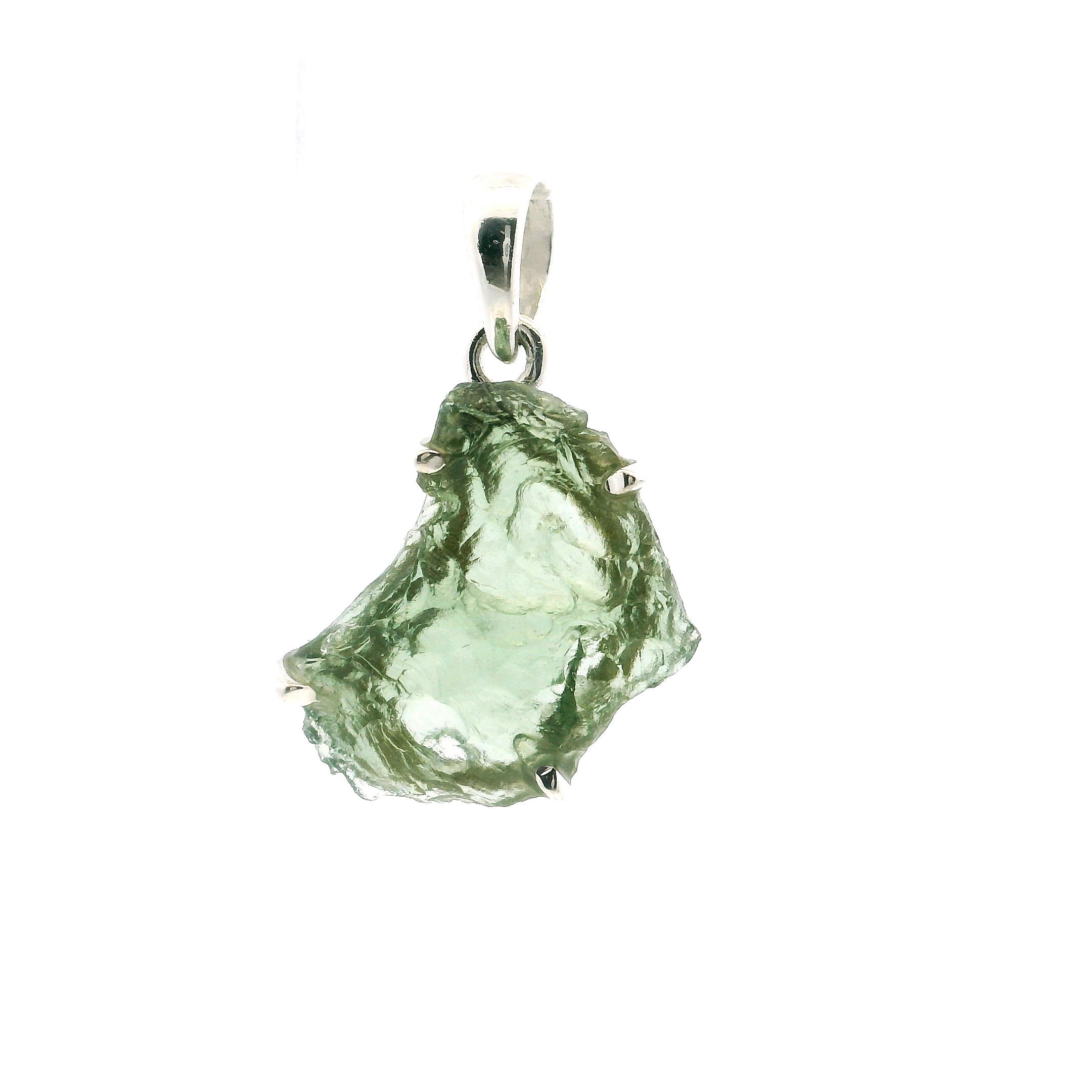 Illuminate your style with the ethereal charm of our Moldavite Pendant, featuring a unique sideways heart design expertly prong-set in lustrous 925 sterling silver. This captivating freeform pendant showcases genuine Moldavite, renowned for its rare olive-green hue and celestial origins. Each piece is meticulously handcrafted, ensuring every pendant is a one-of-a-kind treasure that highlights the raw beauty and cosmic energy of this extraordinary tektite.Perfect for those seeking a meaningful gift or a personal emblem of transformation, this Moldavite pendant blends modern artistry with spiritual depth. Wear it alone for a subtle statement or layer it for a more curated look—either way, it offers timeless elegance with a touch of mystique. Moldavite Pendant - Sideways Heart Freeform Prong Set in 925 Sterling Silver
