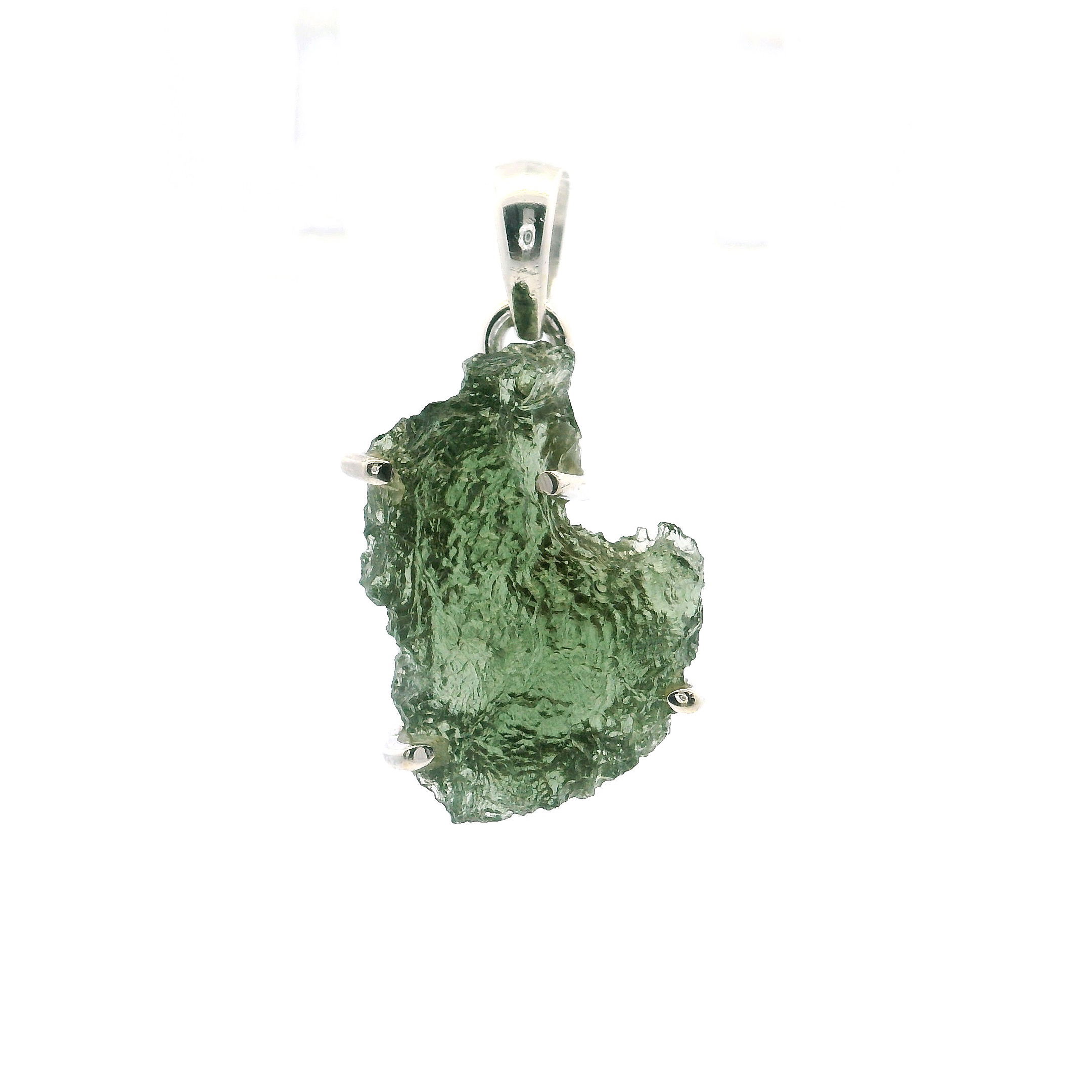 Embrace the mystical allure of the cosmos with this Moldavite Pendant, shaped in a graceful C-form and prong-set in polished 925 sterling silver. Each pendant showcases a raw, unique piece of genuine Moldavite, known for its deep olive-green hue and celestial origins. The elegant setting highlights the stone’s natural texture while providing a secure, refined finish. Ideal as a statement piece or meaningful gift, this pendant blends sophistication with otherworldly charm, inviting transformative energy into your jewelry collection. Moldavite Pendant - C-Shaped Freeform Prong Set in 925 Sterling Silver