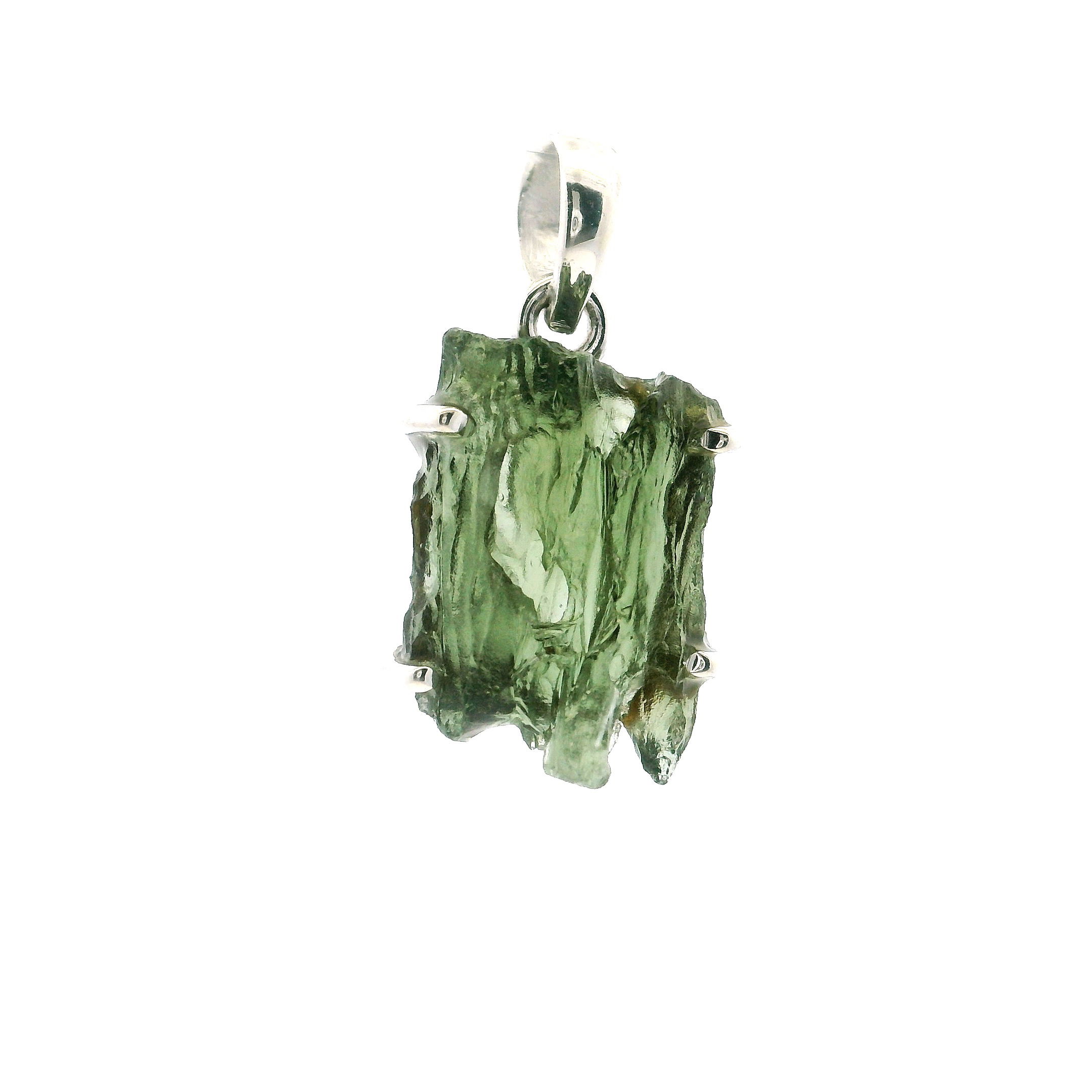 Elevate your style with this Moldavite Pendant, featuring a unique square freeform stone marked by deep vertical striations. Prong-set in polished 925 sterling silver, it showcases the vibrant green brilliance and natural texture of genuine Moldavite. Each pendant’s distinctive shape captures light and character, making it a striking addition to any jewelry collection. Designed for women who appreciate one-of-a-kind pieces, this pendant blends earthy elegance with refined craftsmanship, suitable for both everyday wear and special occasions. Moldavite Pendant - Square Freeform with Deep Vertical Striations Prong Set in 925 Sterling Silver