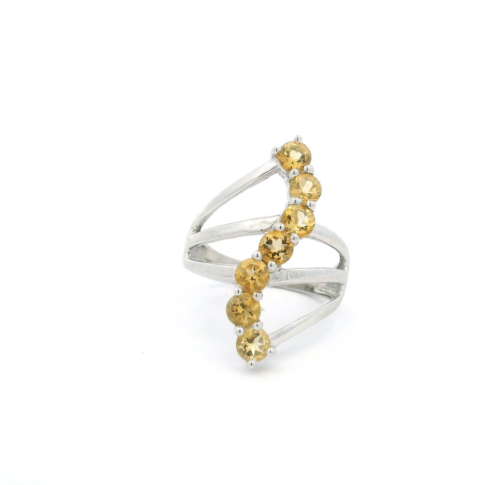Shot of Citrine Ring - 7 Faceted Rounds in S-Shaped Design on Triple Band Prong Set in 925 Sterling Silver sz9