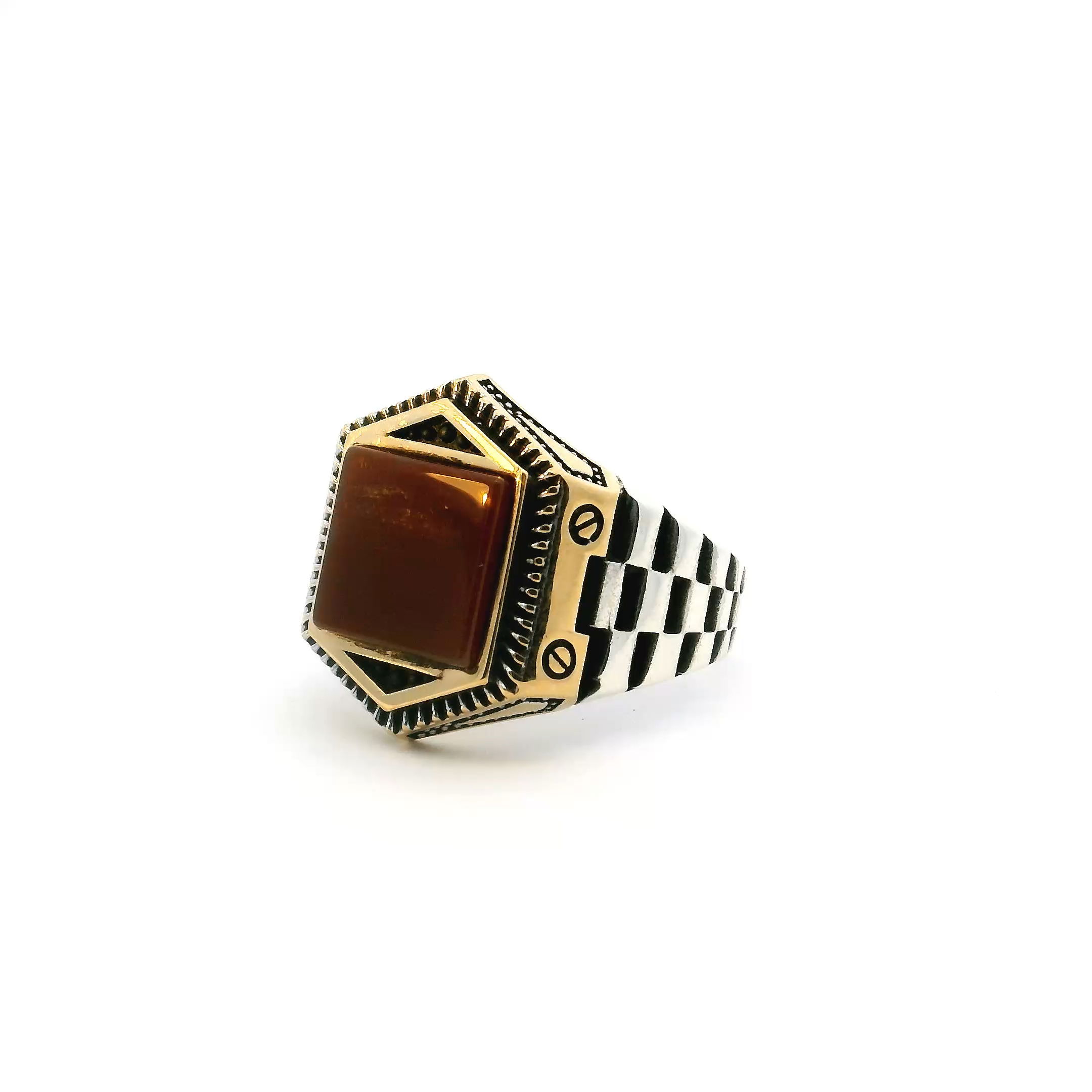 Elevate your style with this striking Carnelian Ring, crafted for the discerning gentleman who appreciates refined craftsmanship and bold design. A vibrant square cabochon carnelian takes center stage, bezel set within a gleaming gold vermeil hexagonal frame that balances modern sophistication with vintage charm. The 925 sterling silver band, inspired by classic watch links, offers both comfort and distinctive style. Sized at 10.5, this statement ring merges timeless elegance with masculine edge—ideal for elevating everyday looks or making an impression at special occasions. Infuse your collection with warmth and confidence through this exceptional piece of men’s jewelry. Carnelian Ring - Square Cabochon Bezel Set in Gold Vermeil Hexagonal Setting with 925 Sterling Silver Watch-Like Band sz10.5