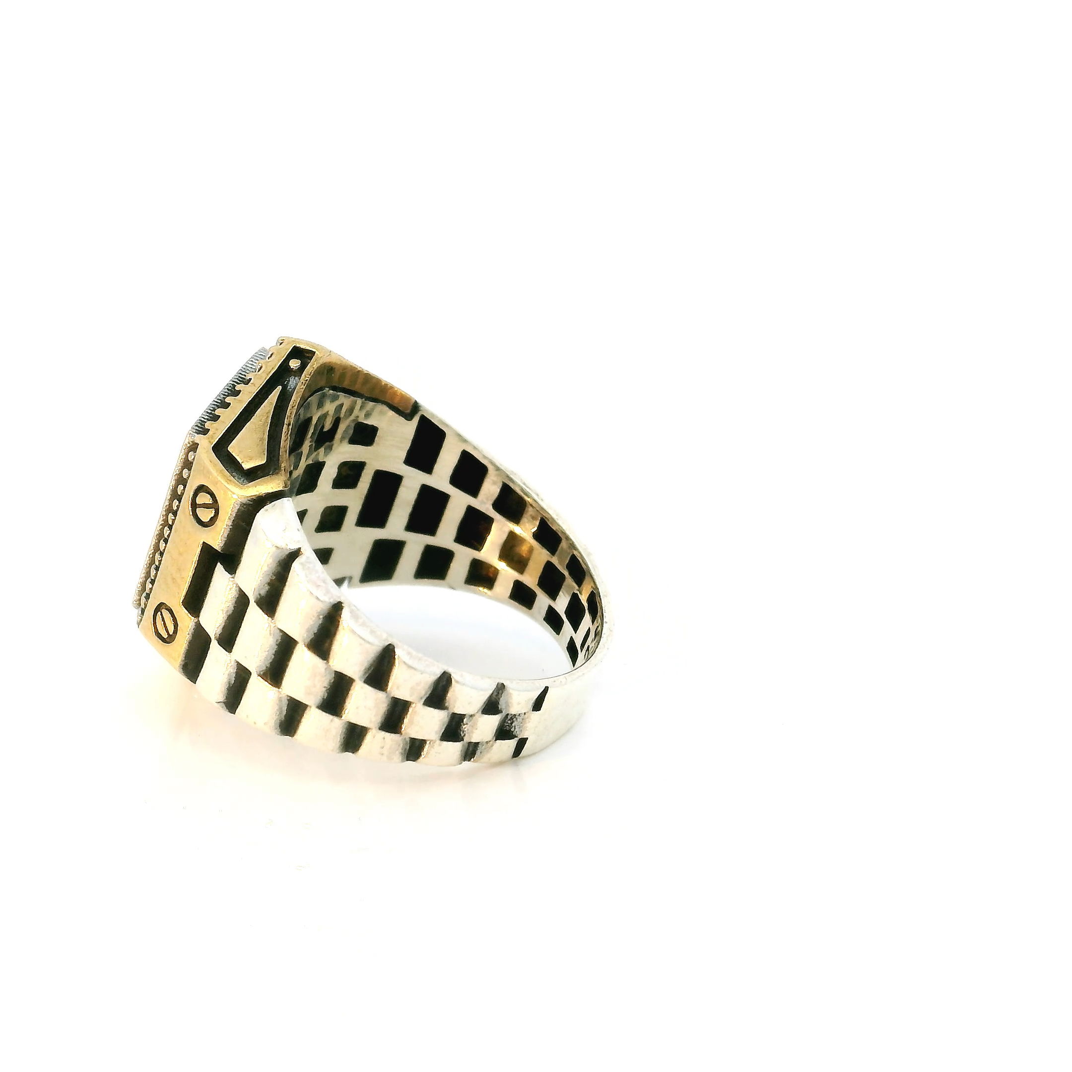 Own the room with this Garnet Ring, where fierce crimson meets sharp modern design. A brilliant faceted garnet commands attention, encased in a bold bezel and surrounded by an edgy hexagonal halo of midnight-black nanostones that inject attitude and mystery. The band continues the story with finely set black nanostones, crafting a textured contrast against the glowing gold vermeil and solid sterling silver base. Sized at 12, this ring is more than jewelry—it’s a statement of power, passion, and unapologetic style for the man who refuses to blend in. Garnet Ring - 10 Faceted Garnet Round Nanostones Set in Gold Vermeil Hexagon on 925 Sterling Silver Watch-Like Band sz8.75