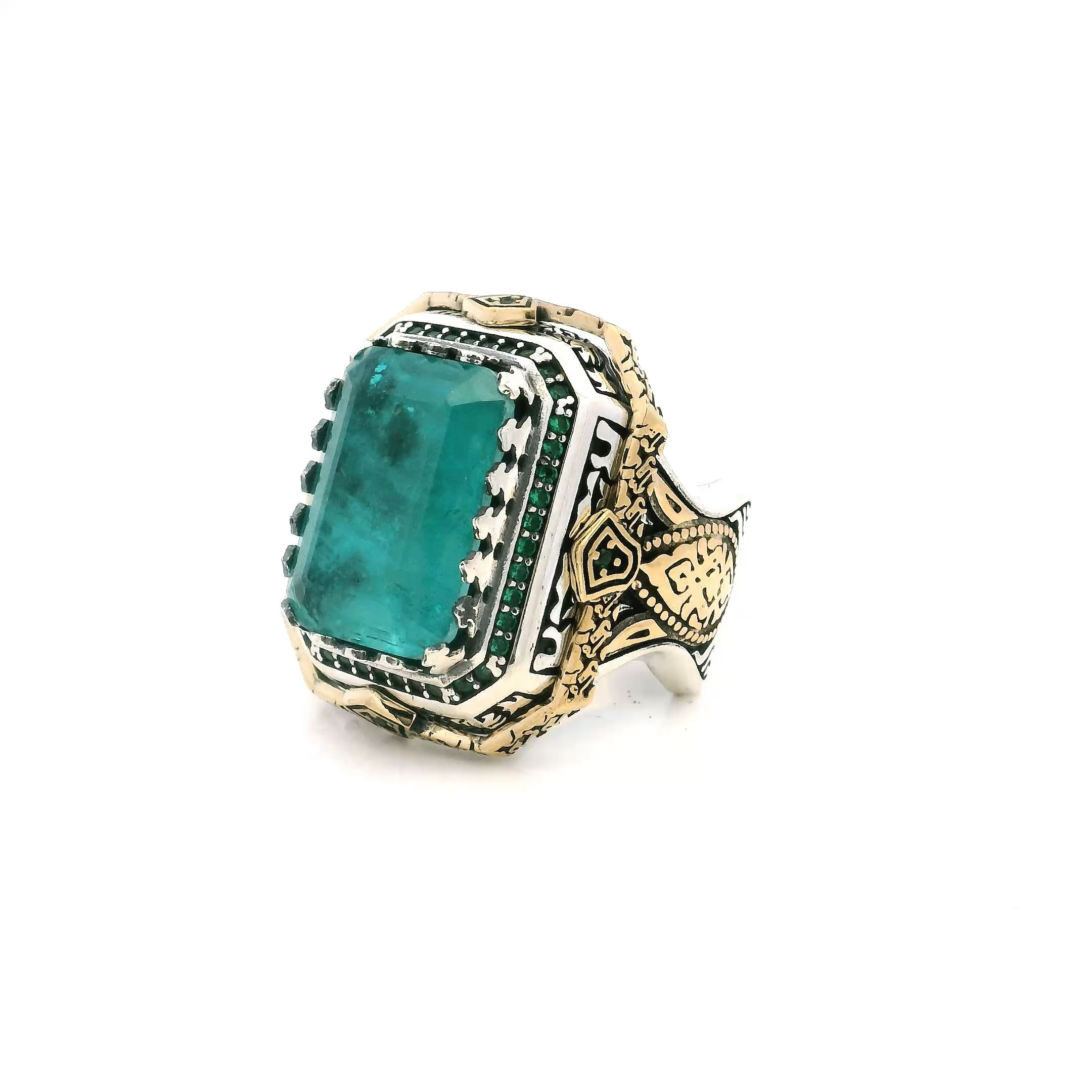 Tourmaline Quartz Doublet Ring - Faceted Rectangle in Designer Sawtooth Setting with Single Row Pave Green Nanostones & Gold Vermeil Pear Accents in 925 Sterling Silver sz10