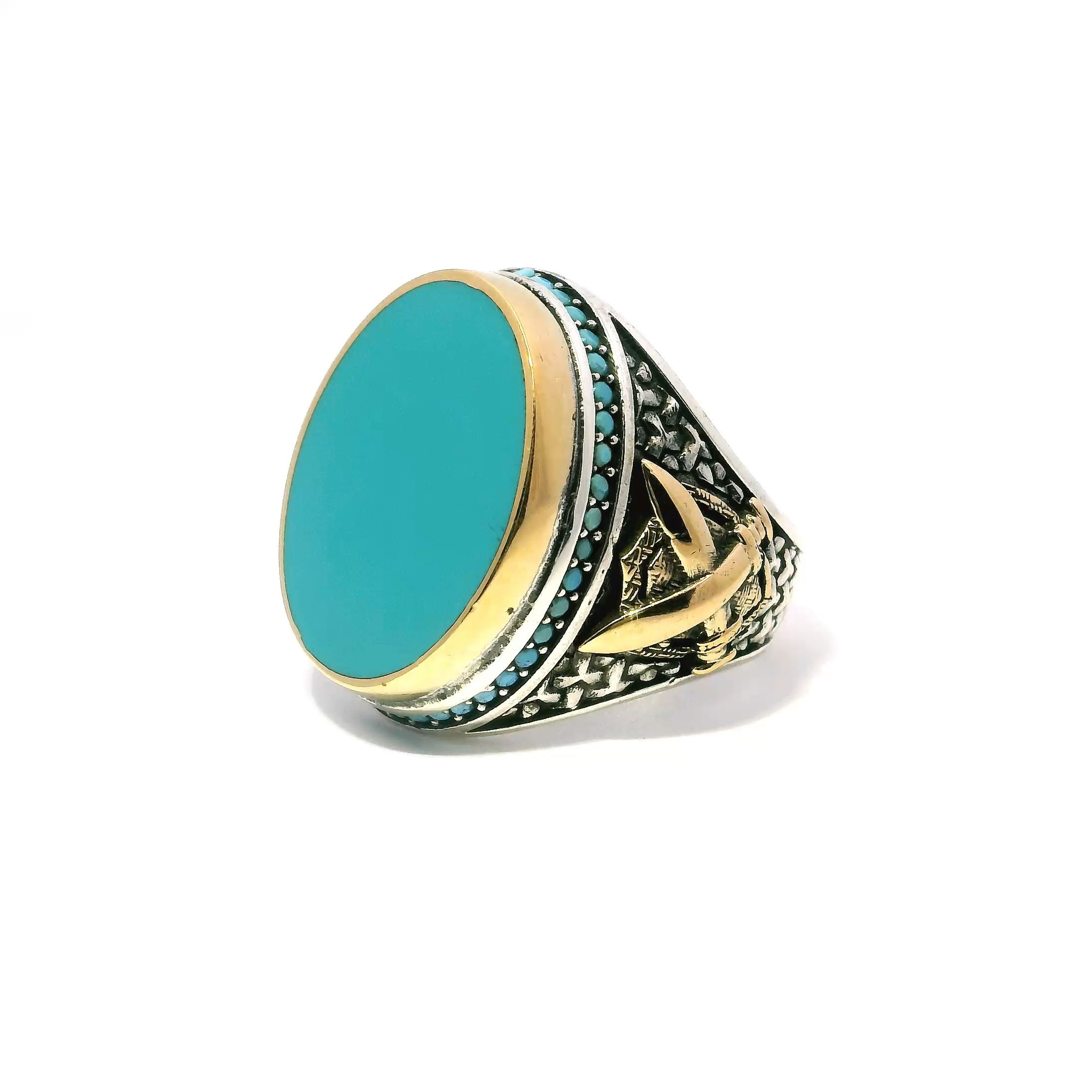 Aqua Chalcedony Ring -Oval Flat Bezel Set in Gold Vermeil with Single Row Pave Blue Nanostones & Crossed Sword & Shield in 925 Sterling Silver sz11