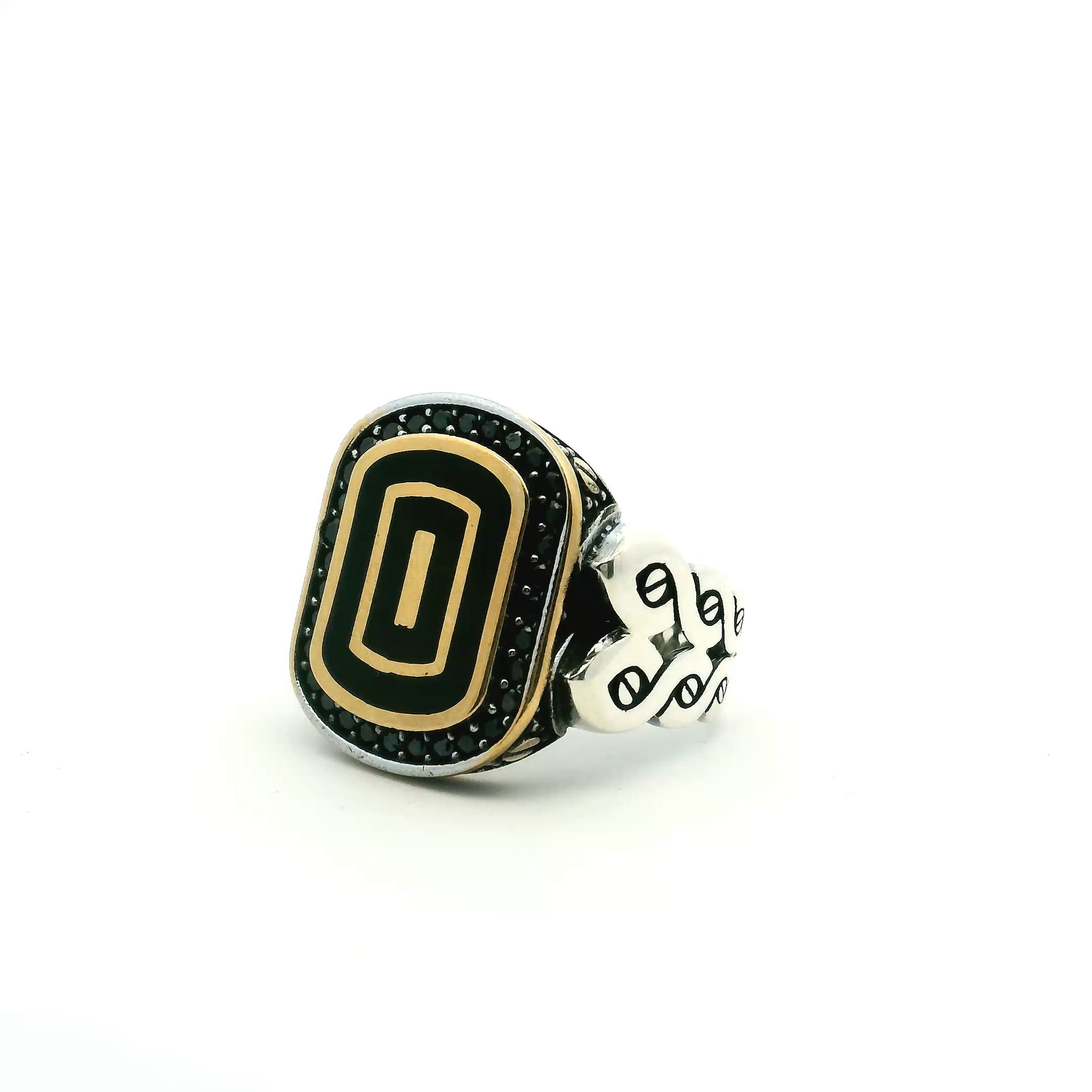 Black Onyx Ring - Rounded Rectangle Flat with Single Row Pave Black Nanostones Bezel Set with Gold Vermeil Accents & Braided Band in 925 Sterling Silver sz10