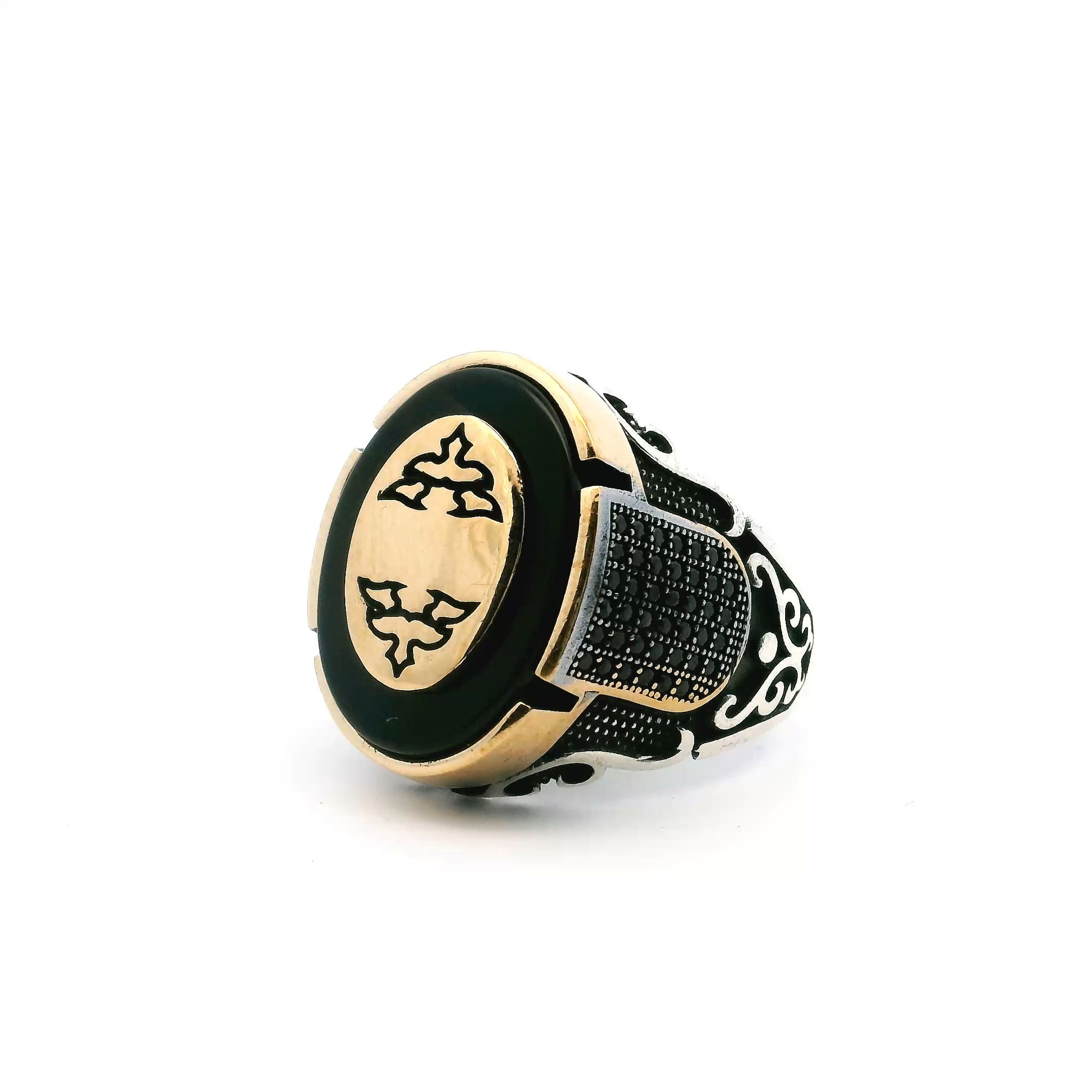 Black Onyx Ring - Flat Oval with Gold Vermeil Oval Accent Bezel Set in Gold Vermeil with Multiple Pave Black Nanostones on Sides in 925 Sterling Silver sz11