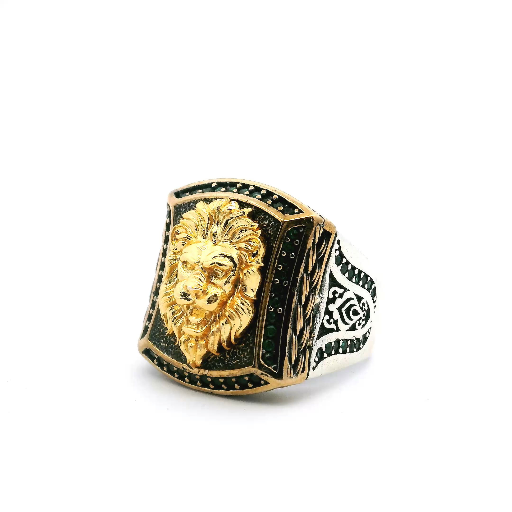 Emerald Lion Ring - Gold Vermeil Lion Head & Single Row Pave Emerald Nanostones & Braided Details in 925 Sterling Silver sz11