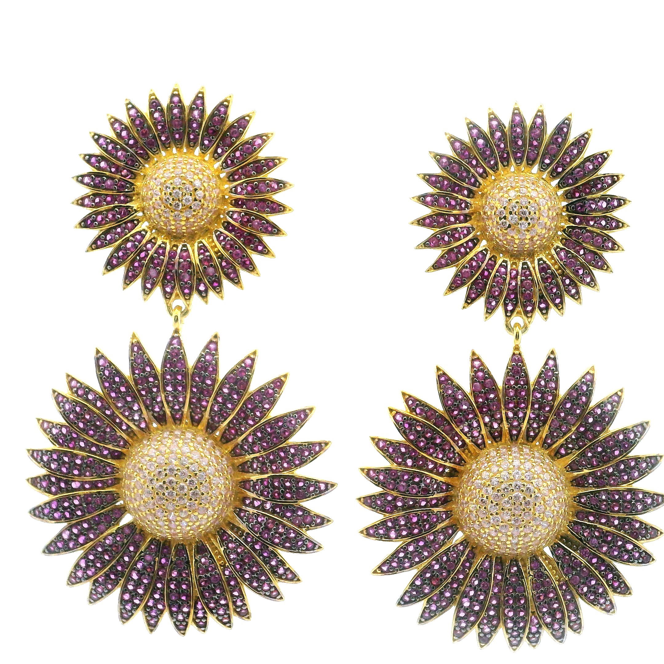 Illuminate your style with the Sunflower Nanostone Dangle Earrings, a radiant expression of charm and craftsmanship. Each double sunflower charm glows with delicate pink and white nanostones, intricately set in lustrous gold vermeil over 925 sterling silver. Designed for graceful movement and enduring sparkle, these dangle earrings bring playful elegance to any ensemble. Whether paired with everyday looks or reserved for special moments, they add a joyful touch of sunshine and sophistication to your jewelry collection. Sunflower Nanostone Dangle Earrings - Double Sunflowers with Pink & White Nanostones in Gold Vermeil over 925 Sterling Silver