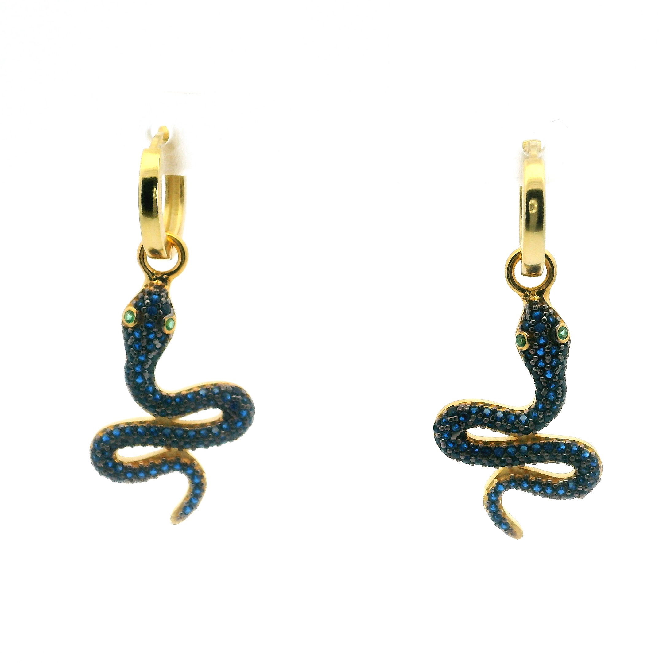 Swarovski Crystal Dangle Earrings - Blue Snake with Green Eyes in Gold Vermeil over 925 Sterling Silver