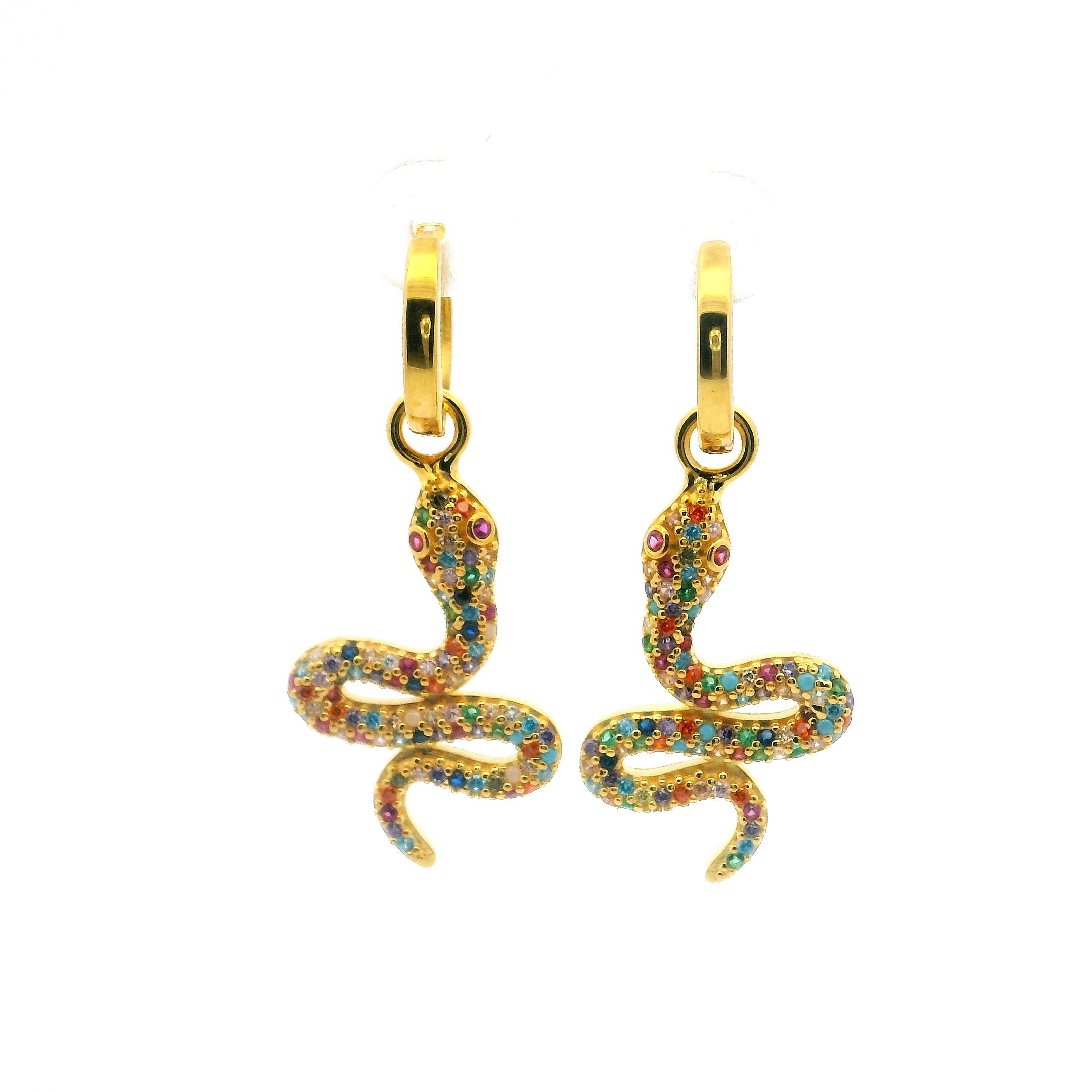 Make a statement with these Swarovski Crystal Dangle Earrings, artfully shaped into a mesmerizing multicolor snake motif. Set in glowing gold vermeil over solid 925 sterling silver, each sinuous snake dazzles with a spectrum of rainbow-hued nano stones and radiant Swarovski crystals, finished with hypnotic pink eyes that shimmer with intrigue. Lightweight and balanced for graceful movement, these earrings blend bold design with refined craftsmanship. A striking fusion of elegance and edge, they bring an unmistakable flair to any look—perfect for those who embrace their wild side with style. Swarovski Crystal Dangle Earrings - Multicolor Snake with Pink Eyes in Gold Vermeil over 925 Sterling Silver