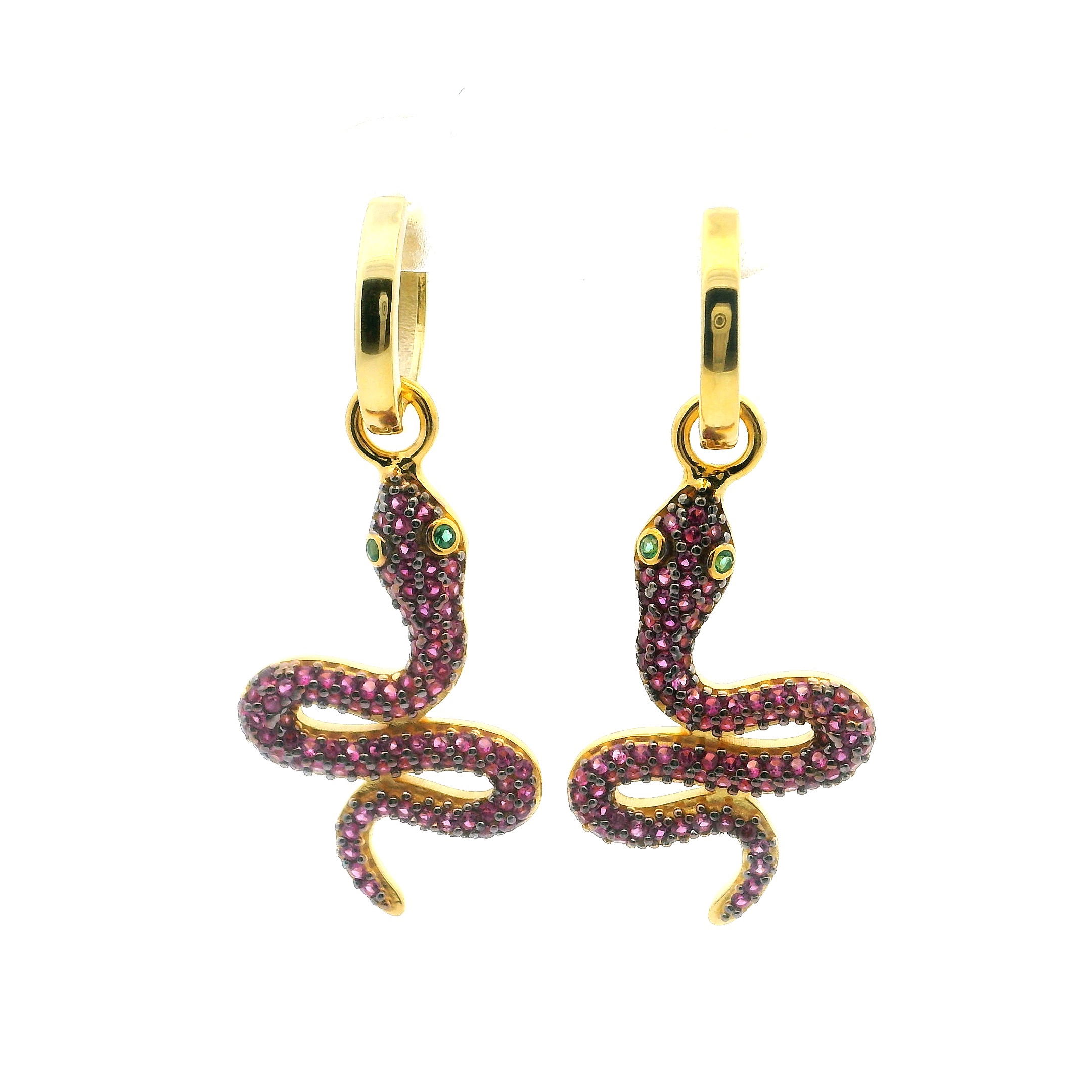 Elevate your style with these captivating Swarovski Crystal Dangle Earrings, showcasing an enchanting pink snake design with vivid green eyes. Crafted in gleaming gold vermeil over solid 925 sterling silver, each serpent coils with elegance, adorned in shimmering nano stones and radiant Swarovski crystals that catch the light from every angle. Lightweight and hypoallergenic, these earrings offer both comfort and bold sophistication—perfect for adding a striking touch to everyday looks or accenting evening ensembles. A daring yet refined piece for the woman who commands attention with confidence and grace. Swarovski Crystal Dangle Earrings - Pink Snake with Green Eyes in Gold Vermeil over 925 Sterling Silver