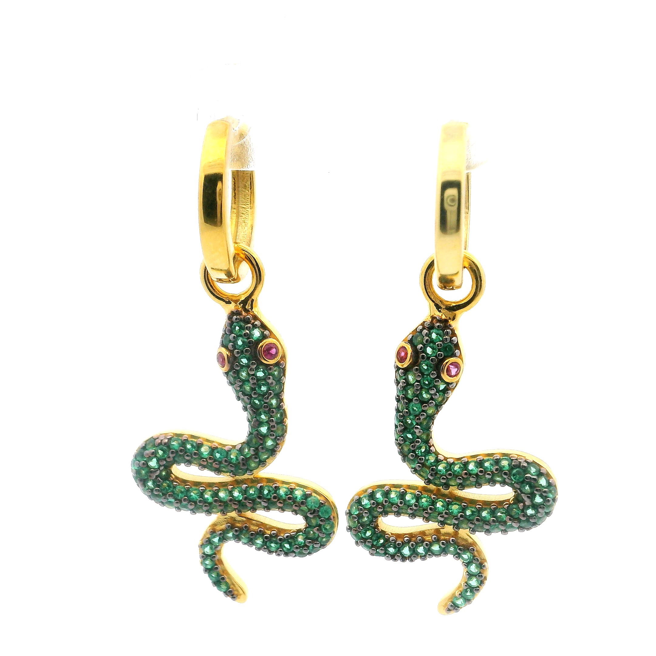 Elevate your style with these mesmerizing Swarovski Crystal Dangle Earrings, featuring a striking green snake design brought to life with glimmering nano stones and hypnotic pink eyes. Crafted in radiant gold vermeil over 925 sterling silver, each earring blends luxe detailing with serpentine elegance for a look that’s both edgy and refined. Lightweight and comfortable, they sway gracefully with every step—adding a vivid splash of color and character to any ensemble. A bold, unforgettable piece for your jewelry collection or a standout gift for someone who dares to shine. Swarovski Crystal Dangle Earrings - Green Snake with Pink Eyes in Gold Vermeil over 925 Sterling Silver