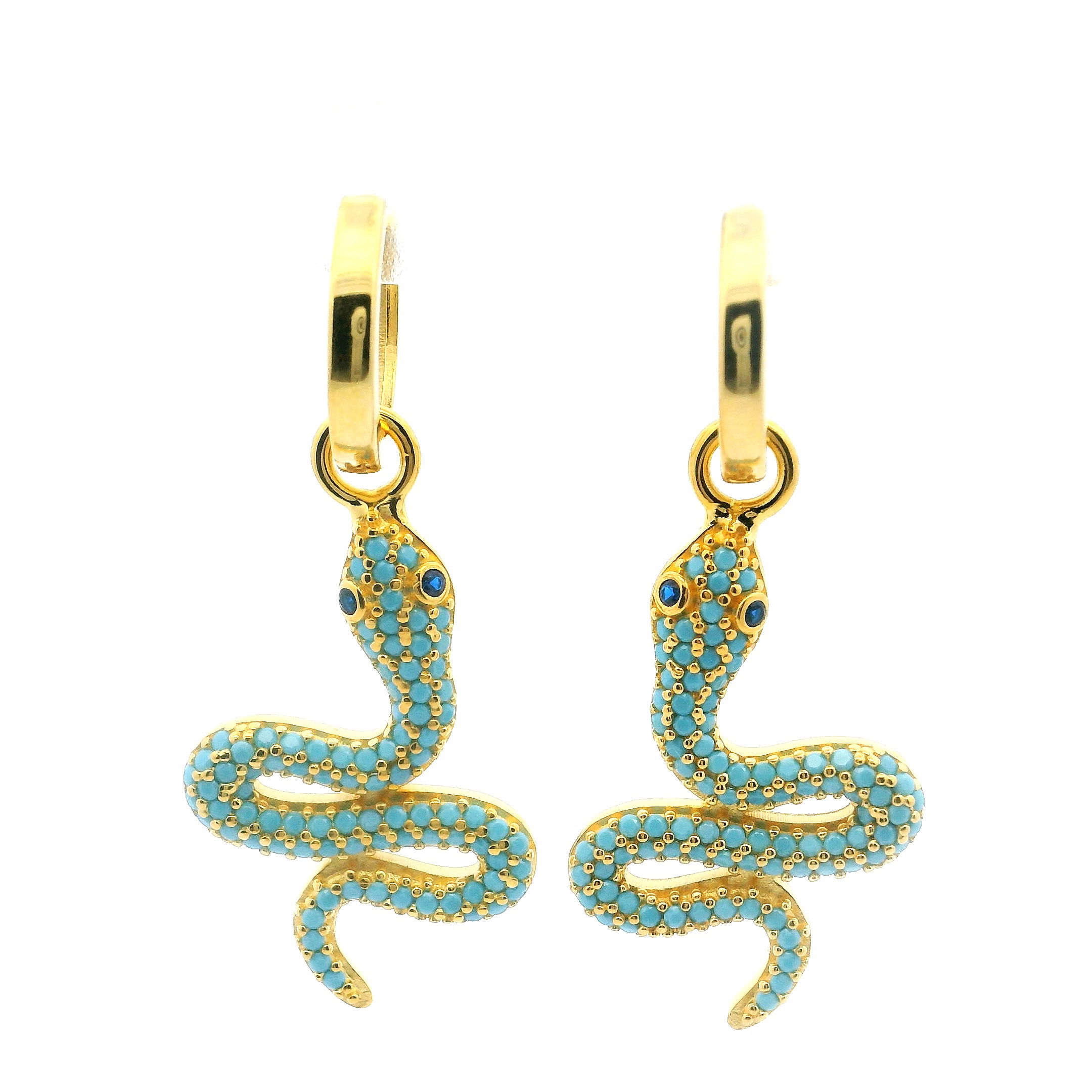 Add a bold touch of elegance to your look with these Swarovski Crystal Dangle Earrings, showcasing a captivating turquoise snake design with piercing black eyes. Expertly crafted in radiant gold vermeil over 925 sterling silver, each serpent coils with graceful detail, adorned with shimmering nano stones and sparkling Swarovski crystals. The fluid silhouette and vibrant color palette offer a modern edge while retaining timeless sophistication. Perfect for statement wear or adding intrigue to everyday ensembles, these earrings blend striking beauty with refined craftsmanship—an unforgettable addition to any jewelry collection. Swarovski Crystal Dangle Earrings - Turquoise Snake with Black Eyes in Gold Vermeil over 925 Sterling Silver