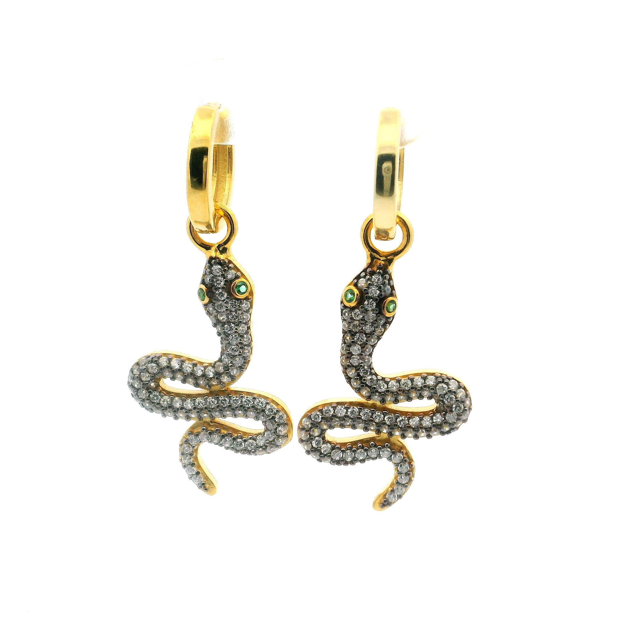 Unveil your wild side with these mesmerizing Swarovski Crystal Dangle Earrings, showcasing a sleek silver snake design coiled in radiant gold vermeil over classic 925 sterling silver. Glittering nano stones trace each curve, while emerald-green Swarovski crystal eyes gleam with captivating intensity. Bold yet elegant, these serpentine earrings offer a daring twist on luxury—perfect for adding intrigue and sophistication to any ensemble. A statement piece for the fearless and refined. Swarovski Crystal Dangle Earrings - Silver Snake with Green Eyes in Gold Vermeil over 925 Sterling Silver