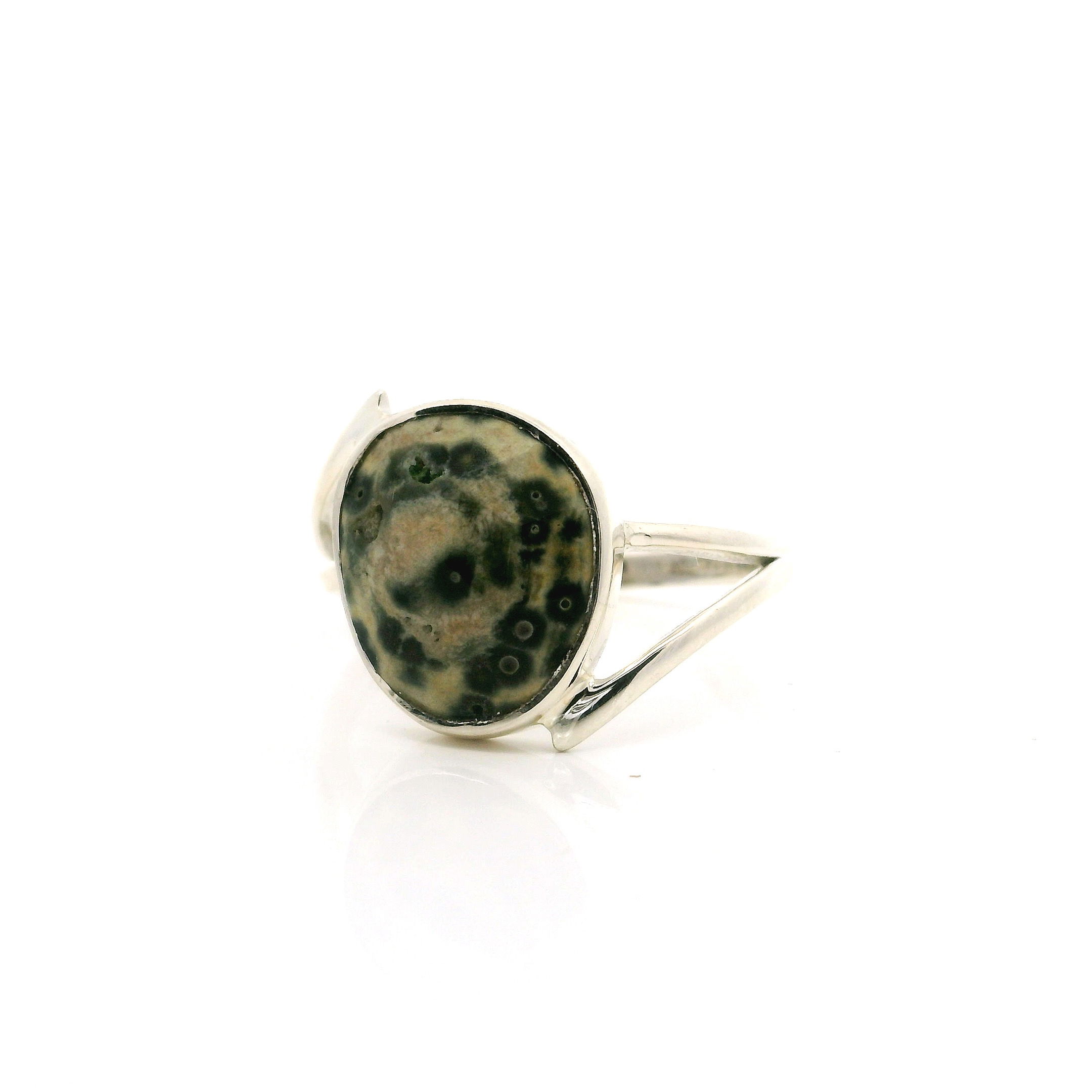 Ocean Jasper Ring - Faceted Freeform with Multiple Open Green Orbs on Tan Background Bezel Set on Double Offset Band in 925 Sterling Silver sz9